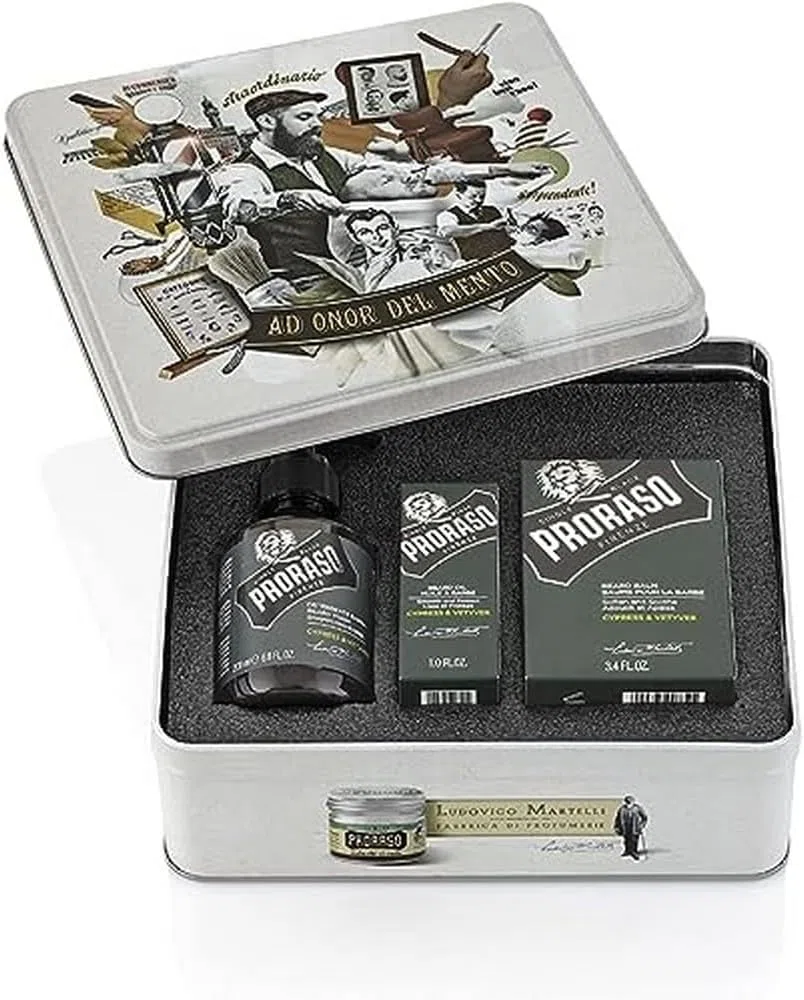 Proraso – Coffret de soin pour barbe Cypress & Vetyver – Coffret pour homme avec shampoing à barbe, huile à et baume à barbe – Fabriqué en Italie