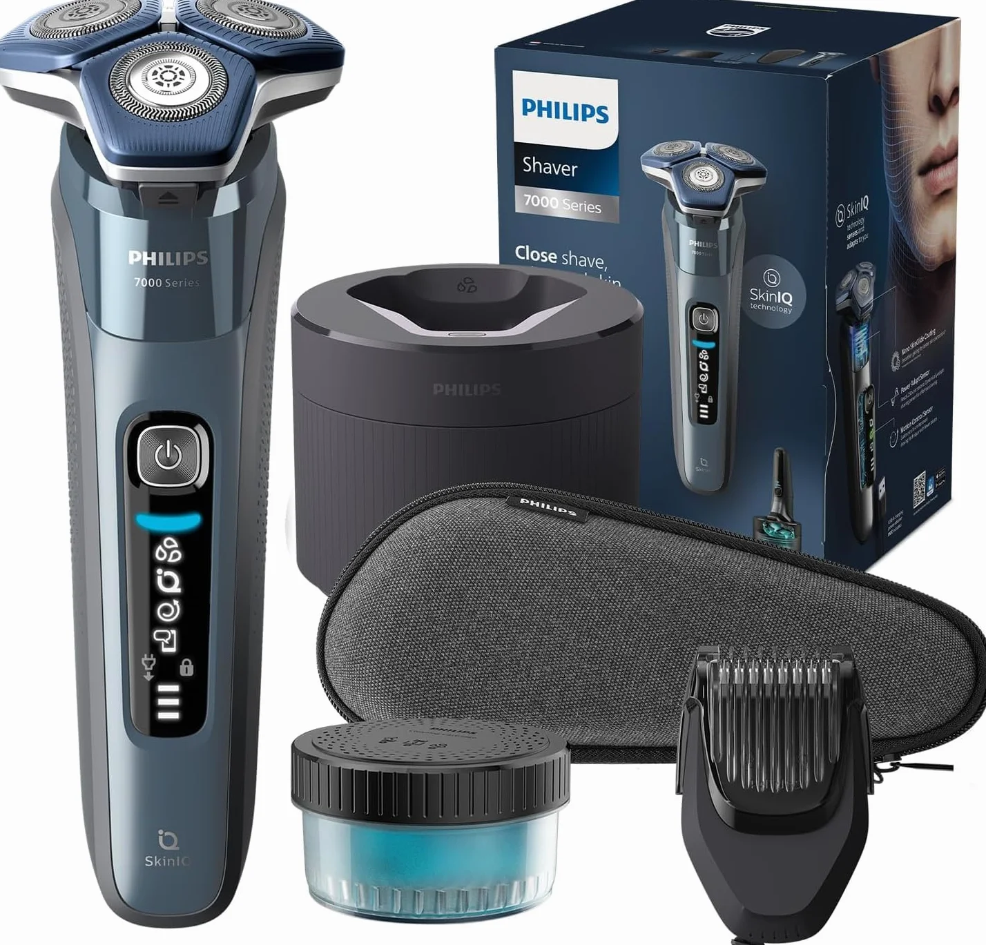Philips Rasoir Philips Series 7000 - rasoir électrique Wet & Dry bleu glacier avec tondeuse rétractable intégrée, tondeuse à barbe, coffret de voyage, Quick Clean Pod et socle de charge (S7882/54)