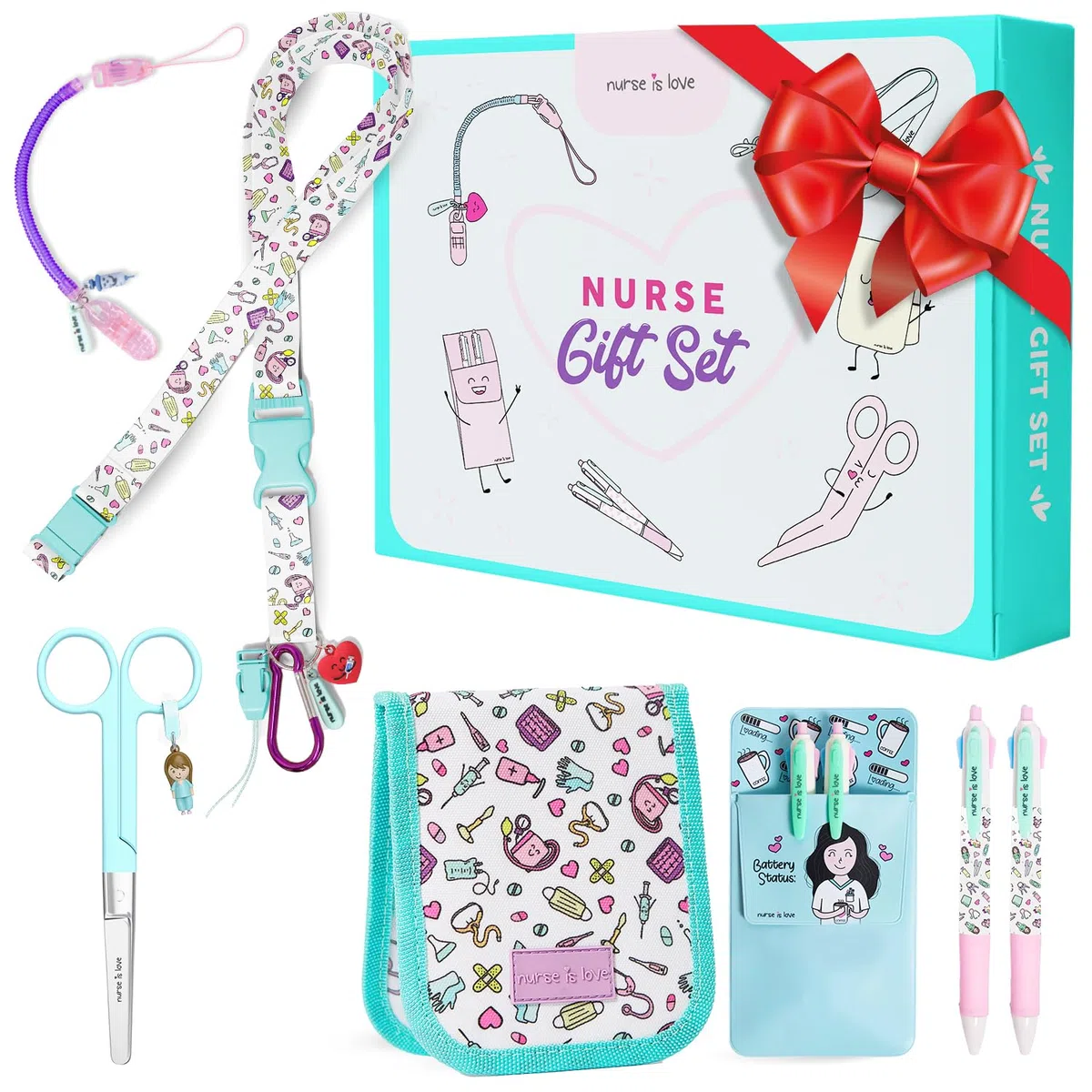 Nurse is Love Cadeau Infirmiere Set De 5 Pcs. | Tour De Cou Badge - Porte-Badge + Ciseaux + 2 Pochette Infirmiere avec 2 Stylo Personnalisé Multi-Encre + Porte-Ciseaux | Infirmiere Accessoires & AS