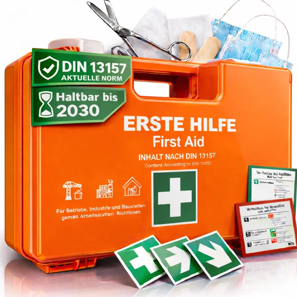 HELDENWERK Trousse de premiers secours selon la nouvelle norme DIN 13157:2021 avec support mural et autocollants | Mallette de premiers secours universelle pour entreprise, maison ou restauration