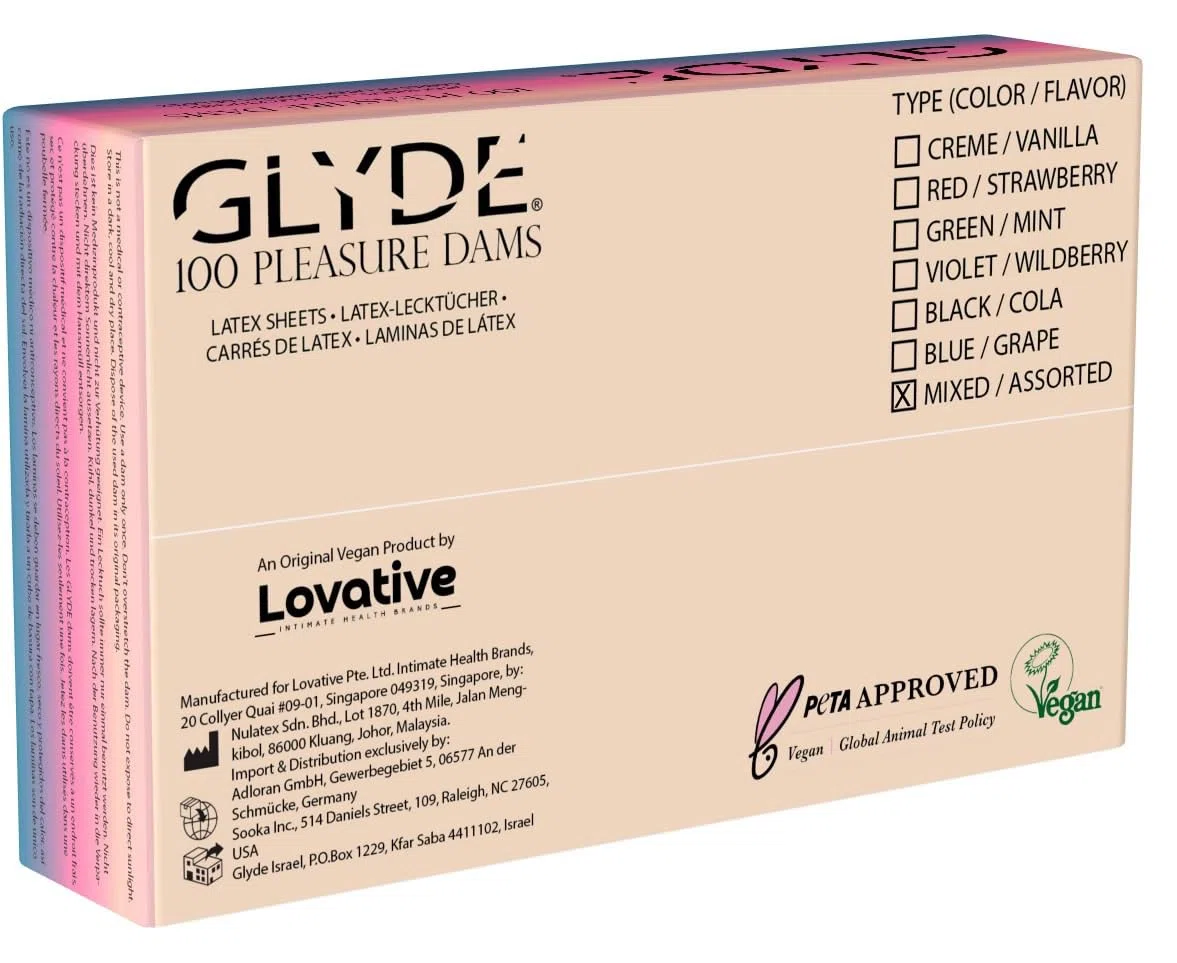 Glyde Dams Mix Lot de 100 lingettes de protection en latex colorées parfumées (cola, fraise, vanille, fraise des bois), jaune, violet, rose, noir, 25cm x 15cm
