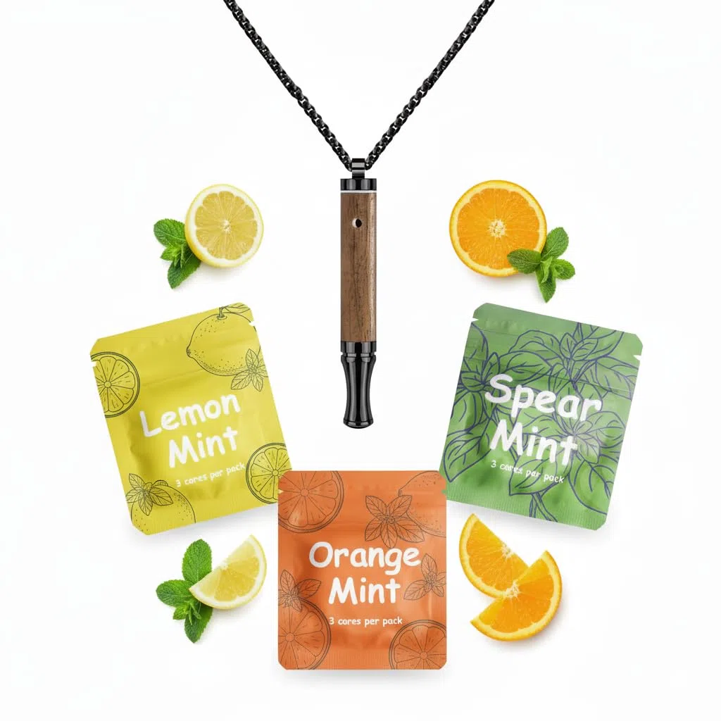 Stick respiratoire en Bois sans Nicotine, Embout réutilisable avec chaîne, 9 filtres aromatisés Menthe Citron Orange