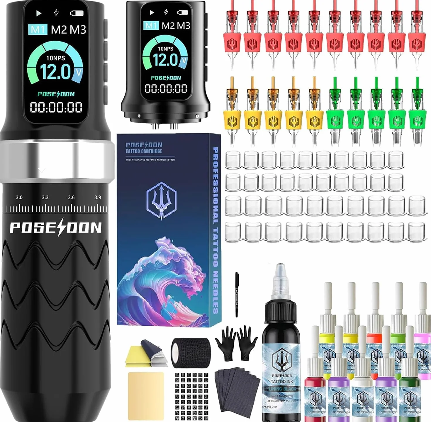 POSEIDON Kit machine à tatouer sans fil avec 7 réglages de course, deux batteries de 2300 mAh, mode normal/pointillé et écran LED – Appareil de tatouage professionnel sans fil pour débutants (HM145)
