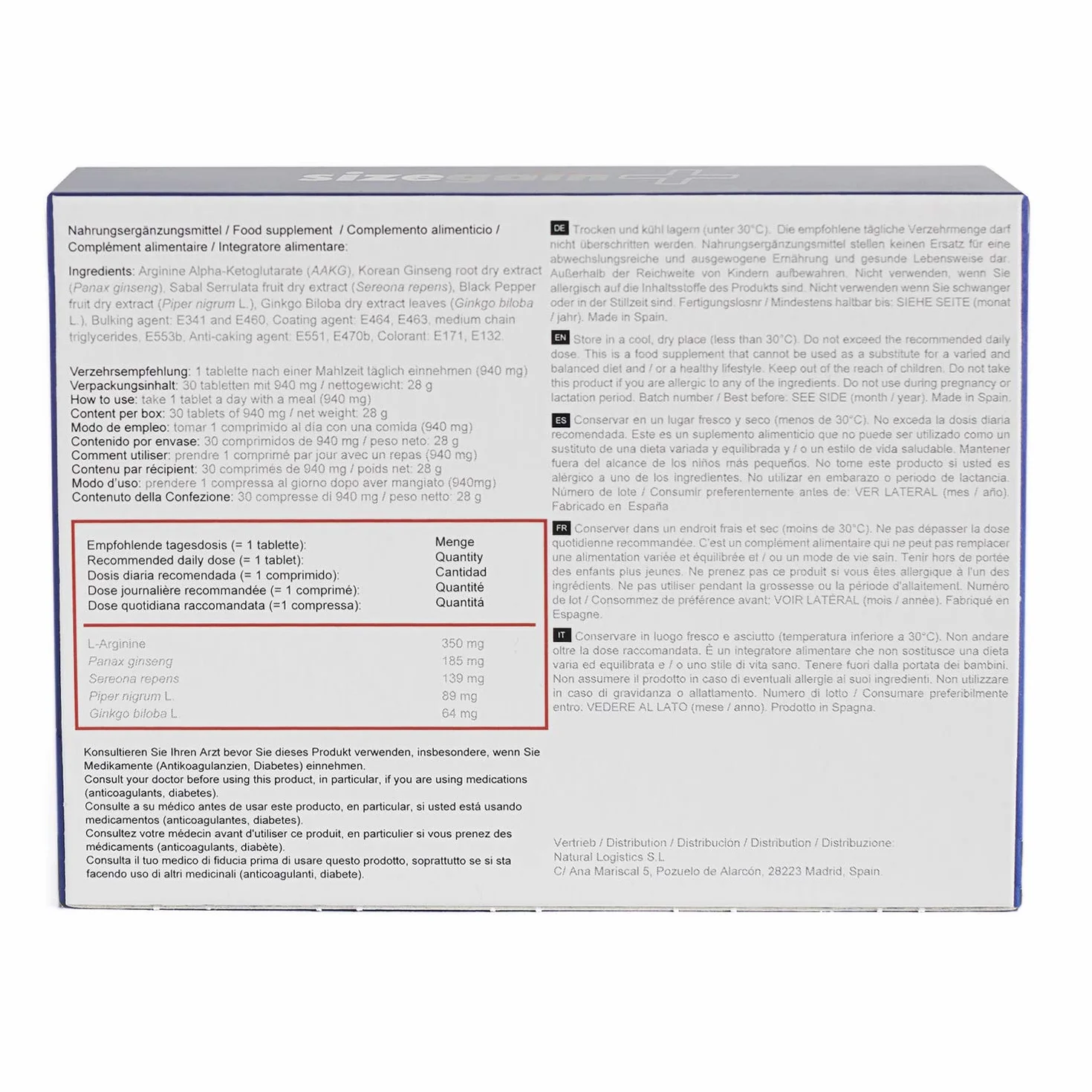 Amélioration de la virilité - 5 SizeGain Plus : Capsules pour augmenter le désir sexuel. 5 x 30 capsules.