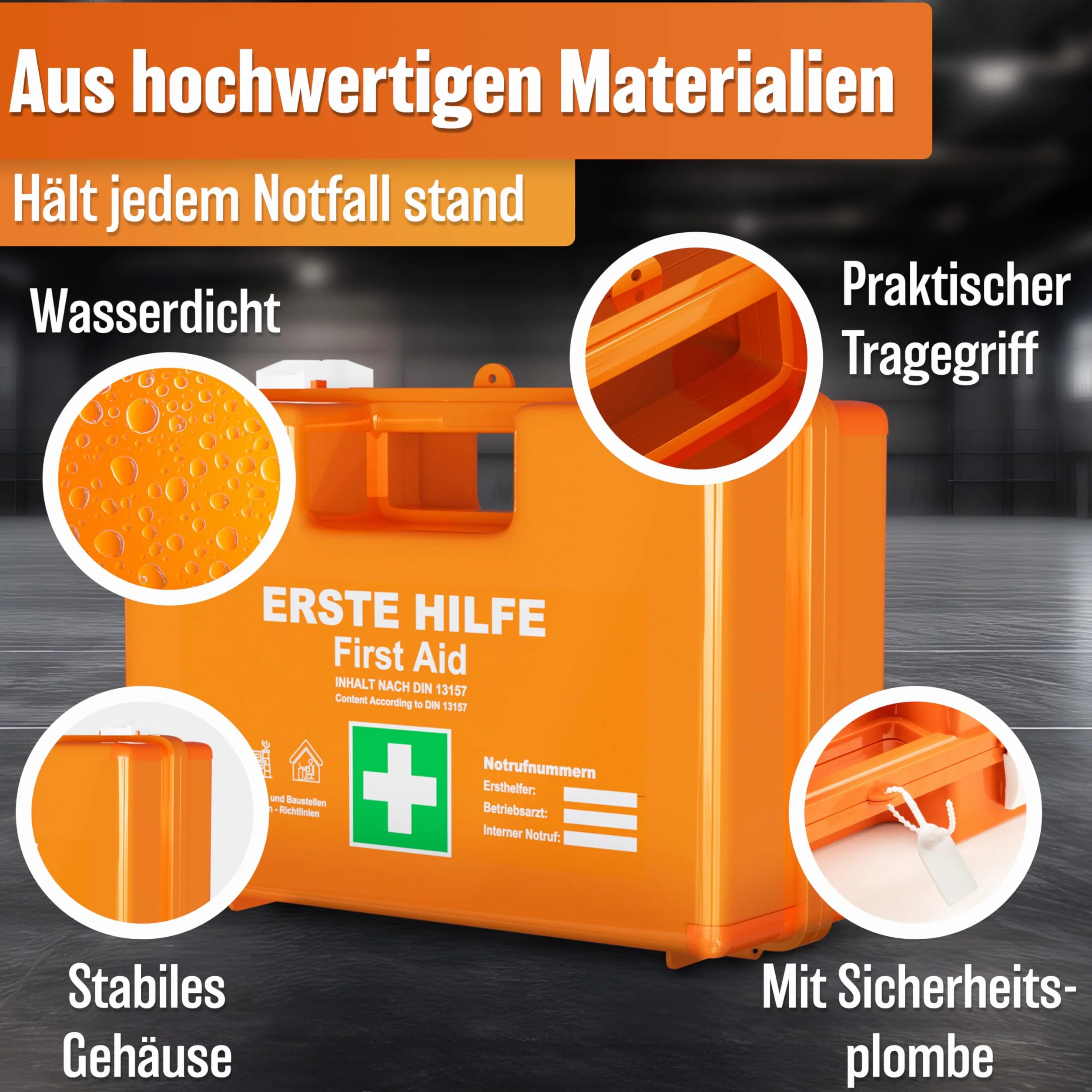 HELDENWERK Trousse de premiers secours selon la nouvelle norme DIN 13157:2021 avec support mural et autocollants | Mallette de premiers secours universelle pour entreprise, maison ou restauration