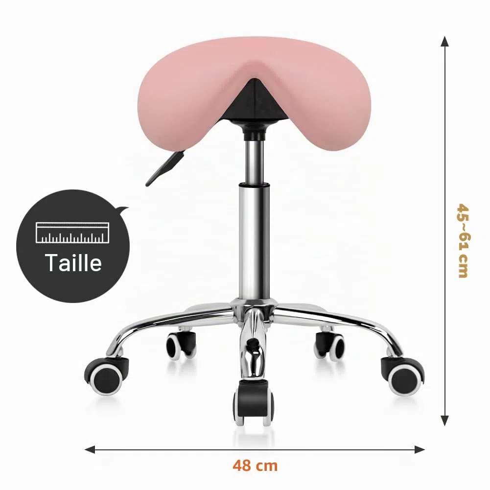 KKTONER Tabouret Selle de Cheval Tabouret à roulettes réglable en Hauteur 45-61 cm en Cuir PU Rose