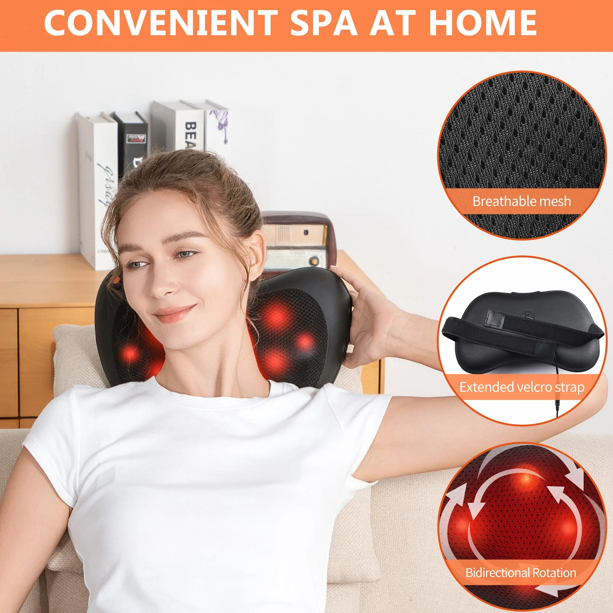 Coussin Massage Shiatsu chauffrant avec 4 Nœuds et 3 Vitesses, Appareil de Massage pour Cou, Pieds, Cervical