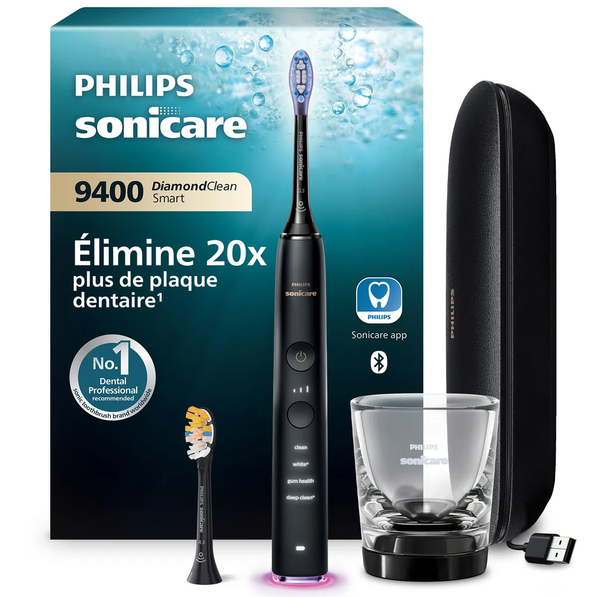 Philips Sonicare DiamondClean Smart 9400 - Brosse à dents électrique avec application, Capteur de pression, Détection de la tête de brosse, 4 modes de brossage, 3 niveaux d'intensité, Noir, HX9917/89