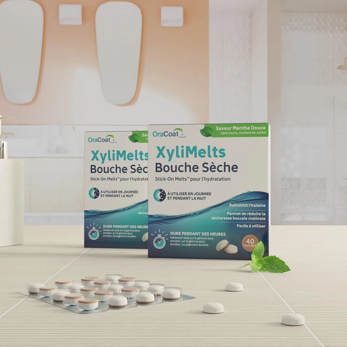 XYLIMELTS Bouche Sèche 80 Pastilles Adhérentes Menthe Douce, Soulage la Sécheresse Buccale, Sans Sucre au Xylitol