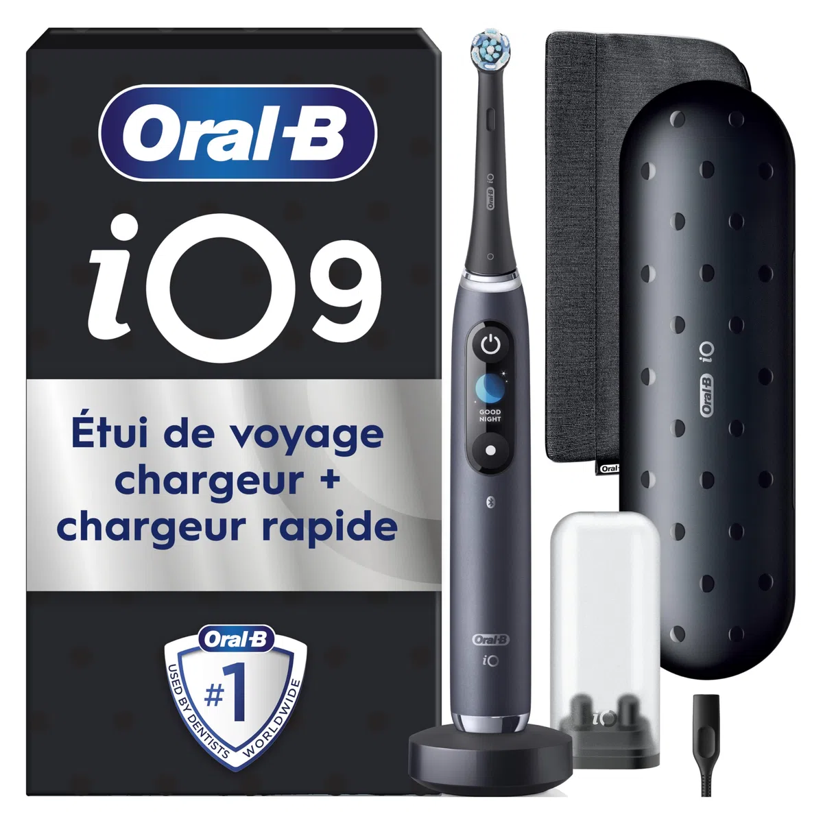 Oral-B iO 9 Brosse A Dents Electrique Noire Edition Speciale, 7 Modes De Brossage Avec Blancheur, Soin Des Gencives, 16 Zones De Nettoyage, 2 Brossettes De Rechange Oral B, Chargeur, Etui Voyage