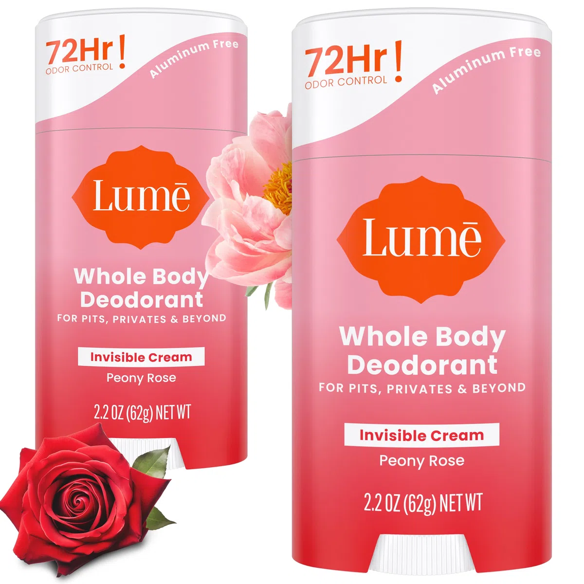 Lume Lot de 2 bâtons déodorants - Aisselles et parties intimes - Sans aluminium, sans soude pour la cuisine, hypoallergénique et sans danger pour les peaux sensibles - 62,4 g (pivoine)