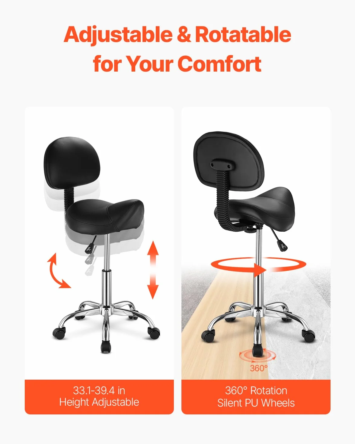 VEVOR Tabouret de Selle avec Support Dorsal et roulettes, capacité Poids 204 kg, Tabouret Roulant Ergonomique, Hauteur réglable, Chaise de Selle pivotante en Cuir PU, pour Salon, Spa, Massage, Noir