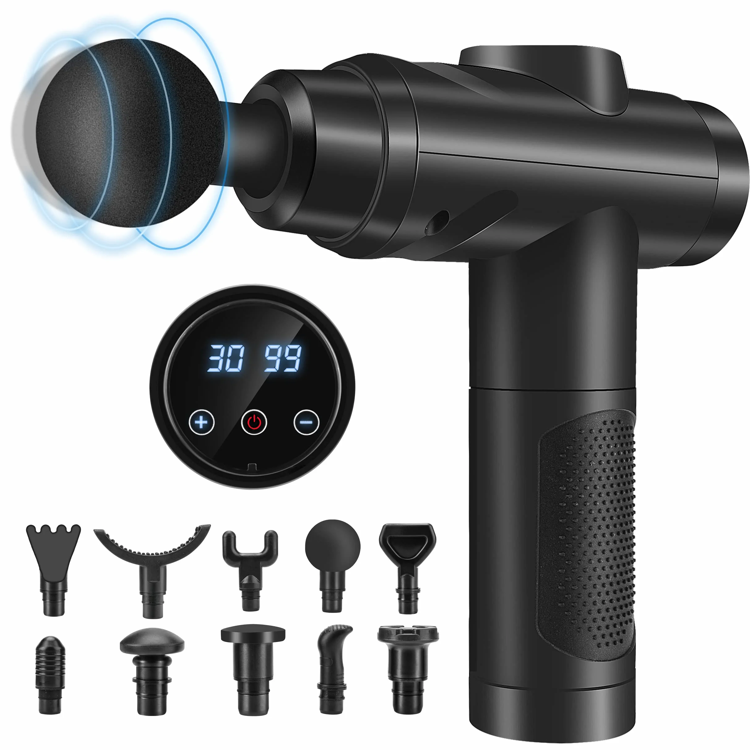 Pistolet De Massage Musculaire 30 Vitesses avec Écran LCD 10 Embouts Noir