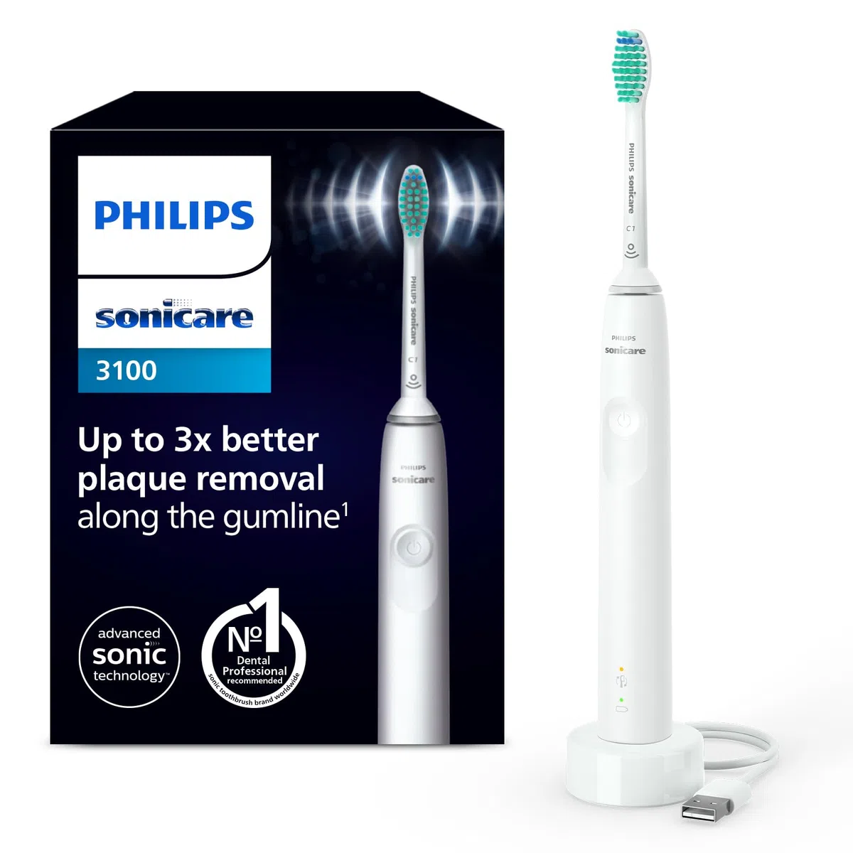 Philips Sonicare 3100, Brosse à dents électrique sonique, capteur de pression et minuterie, blanc, modèle HX3671/13