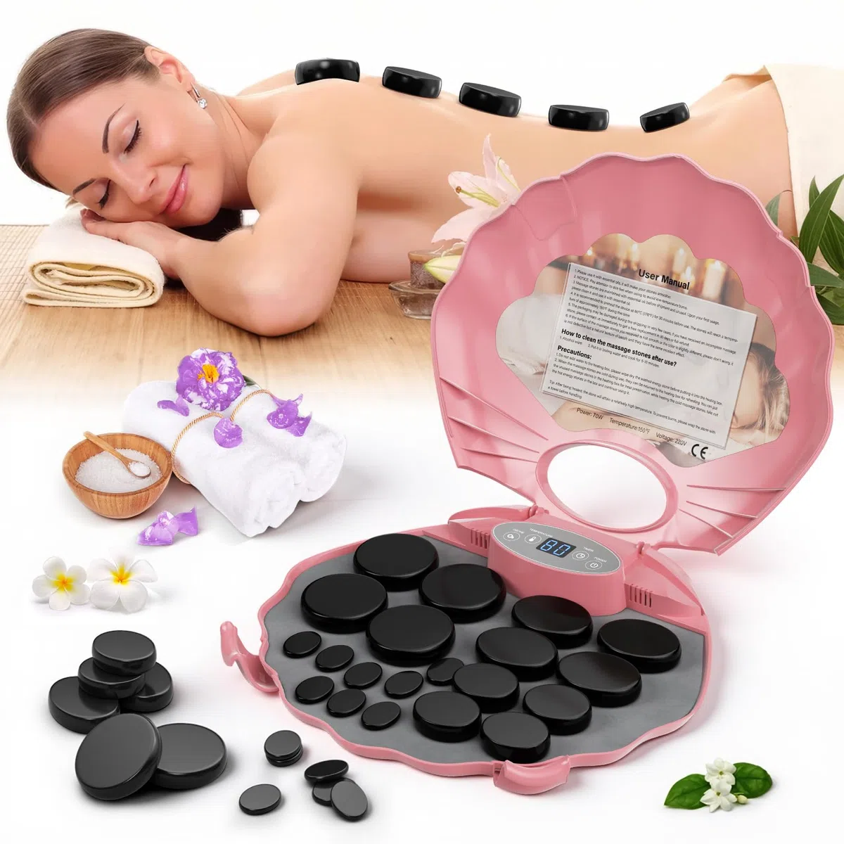 Hot-Stone Kit de massage en basalte avec étui chauffant portable, 3 niveaux de chaleur thérapeutique avec minuterie pour un usage domestique, massage, spa, détente (20)