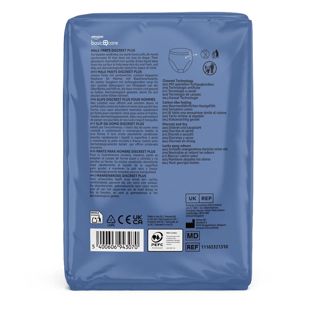 Amazon Basic Care Homme Culottes Plus Grand - 40 Pièces (4 paquets de 10), Bleu
