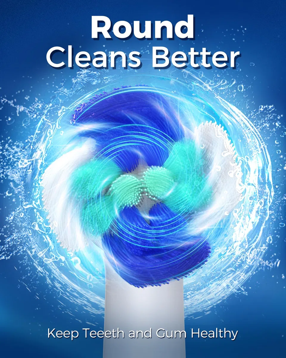 Brosse à dents électrique rotative pour adultes avec 8 têtes de brosse (2 types), puissance rechargeable et 2 minutes de temps intelligent, 4 modes de nettoyage (bleu ciel)
