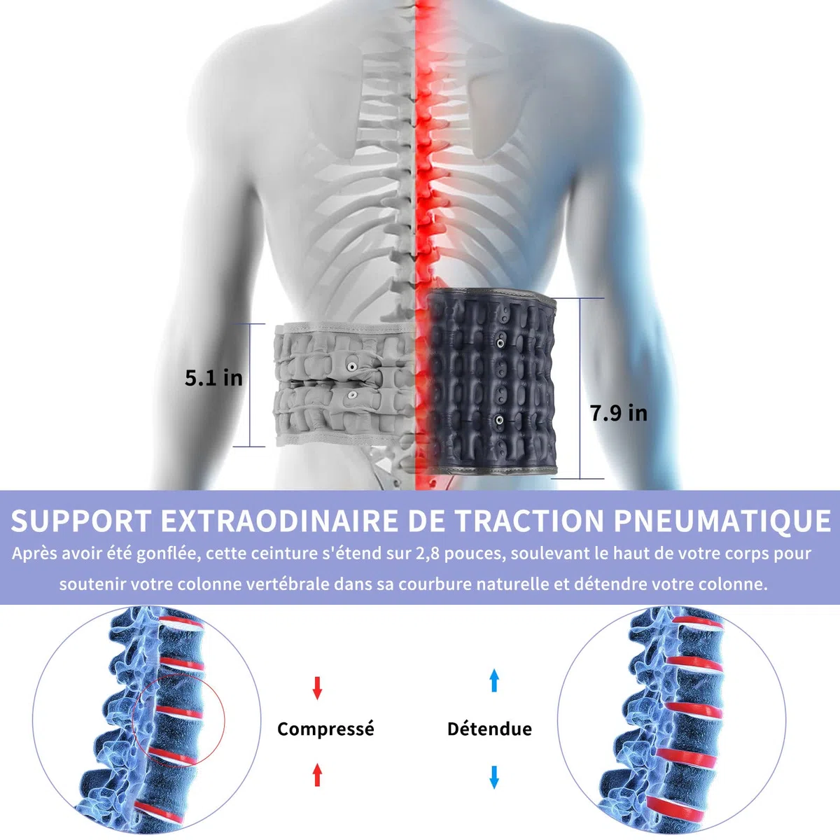 Ceinture lombaire gonflable de décompression pour le bas du dos pour soulager les douleurs lombaires – Dispositif de traction lombaire avec pompe à main, taille unique pour tour de 29-49