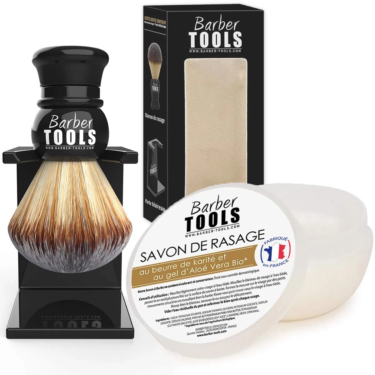 Kit de Rasage BARBER TOOLS Rasoir de Sécurité avec 40 Lames, Blaireau, Savon 150ml, Baume 30ml, Pierre d'Alun et Sac