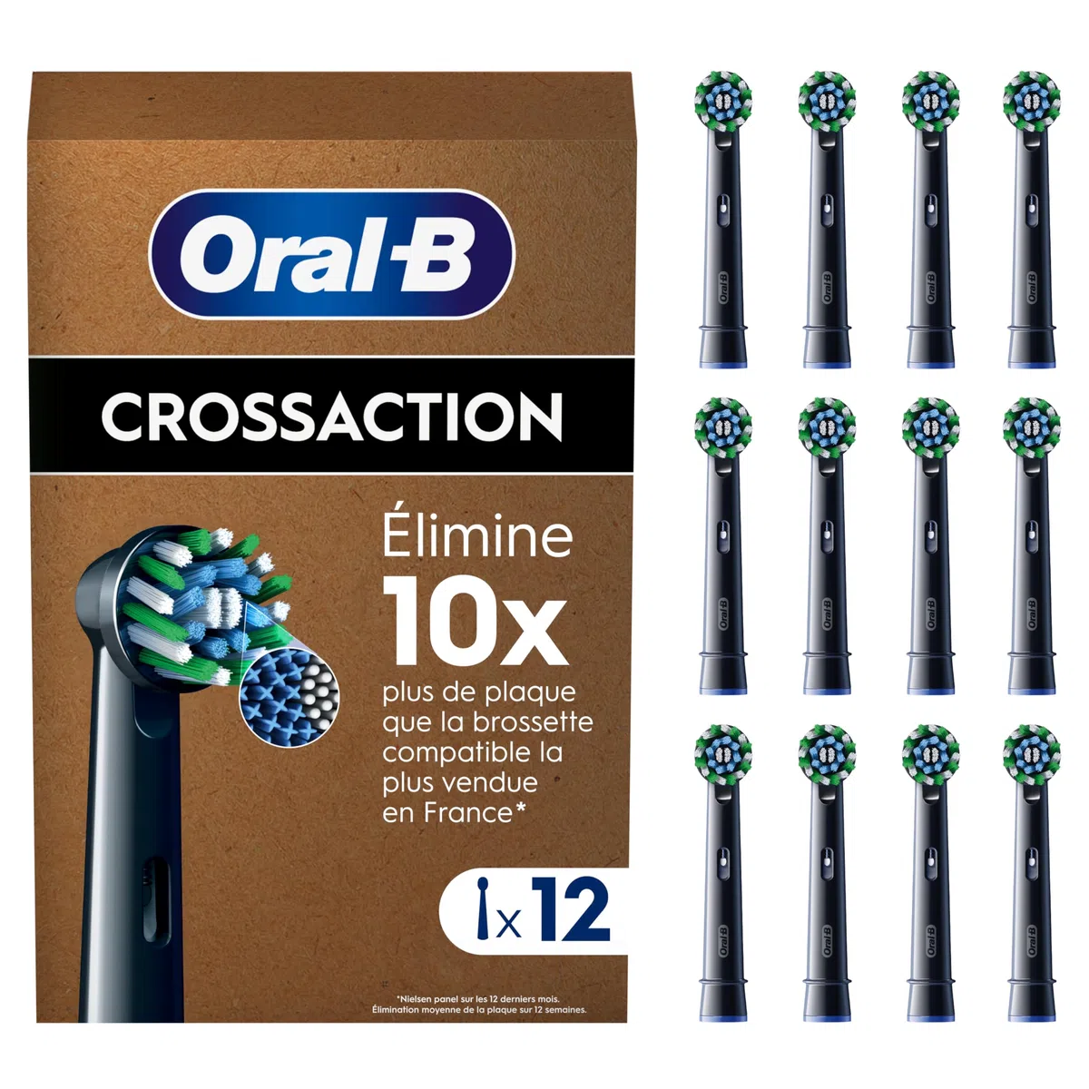 Oral-B Cross Action Brossettes de Rechange Lot de 12 Noires Recharges Brosse à Dents Électrique Pro