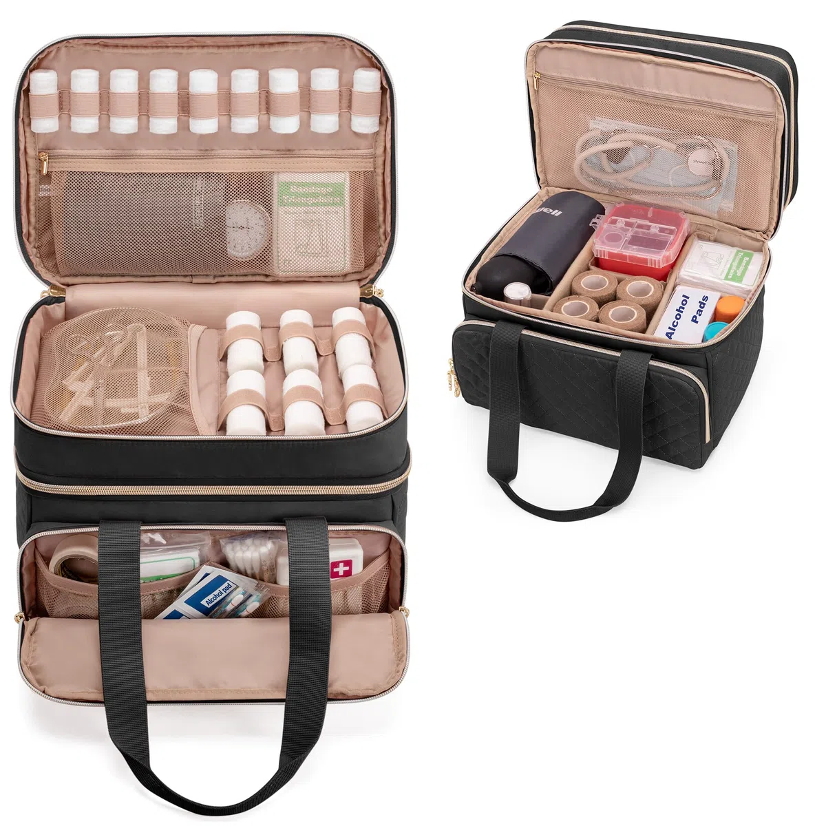Yarwo Mallette Infirmière Libérale à Double Couche, Trousse de Secours avec Rangement pour Médicaments, Sac Médical Noir