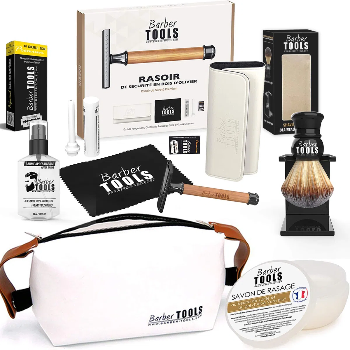 Kit de Rasage BARBER TOOLS Rasoir de Sécurité avec 40 Lames, Blaireau, Savon 150ml, Baume 30ml, Pierre d'Alun et Sac