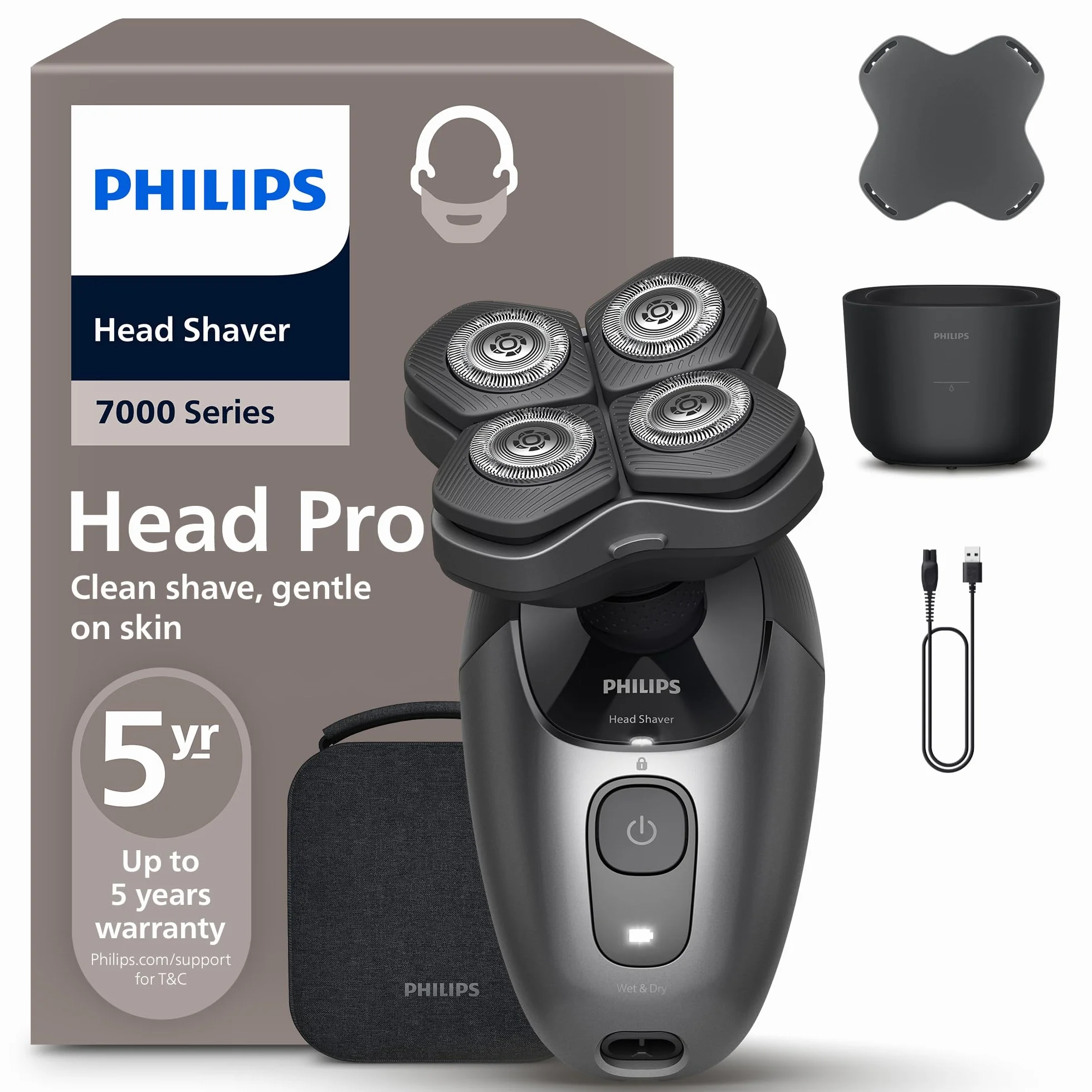 Philips Head Shaver Pro 7000 Series - Rasoir pour la tête pour hommes et femmes, tête flexible à 360° et lames ComfortCut pour un rasage efficace tout en douceur pour la peau, modèle HS7980/15