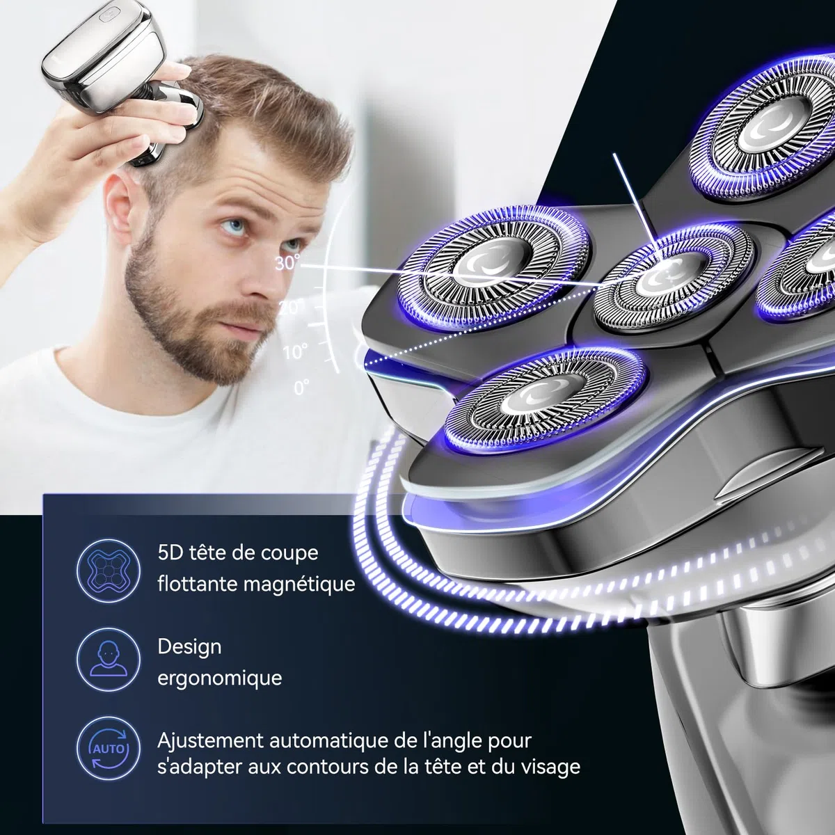Kensen Rasoir Tete Chauve Homme 5D Tondeuse Cheveux Hommes Chauve 120 min Autonomie Étanche Sec Humide avec Coupe-Poils de Vez Écran LED Peigne Limite
