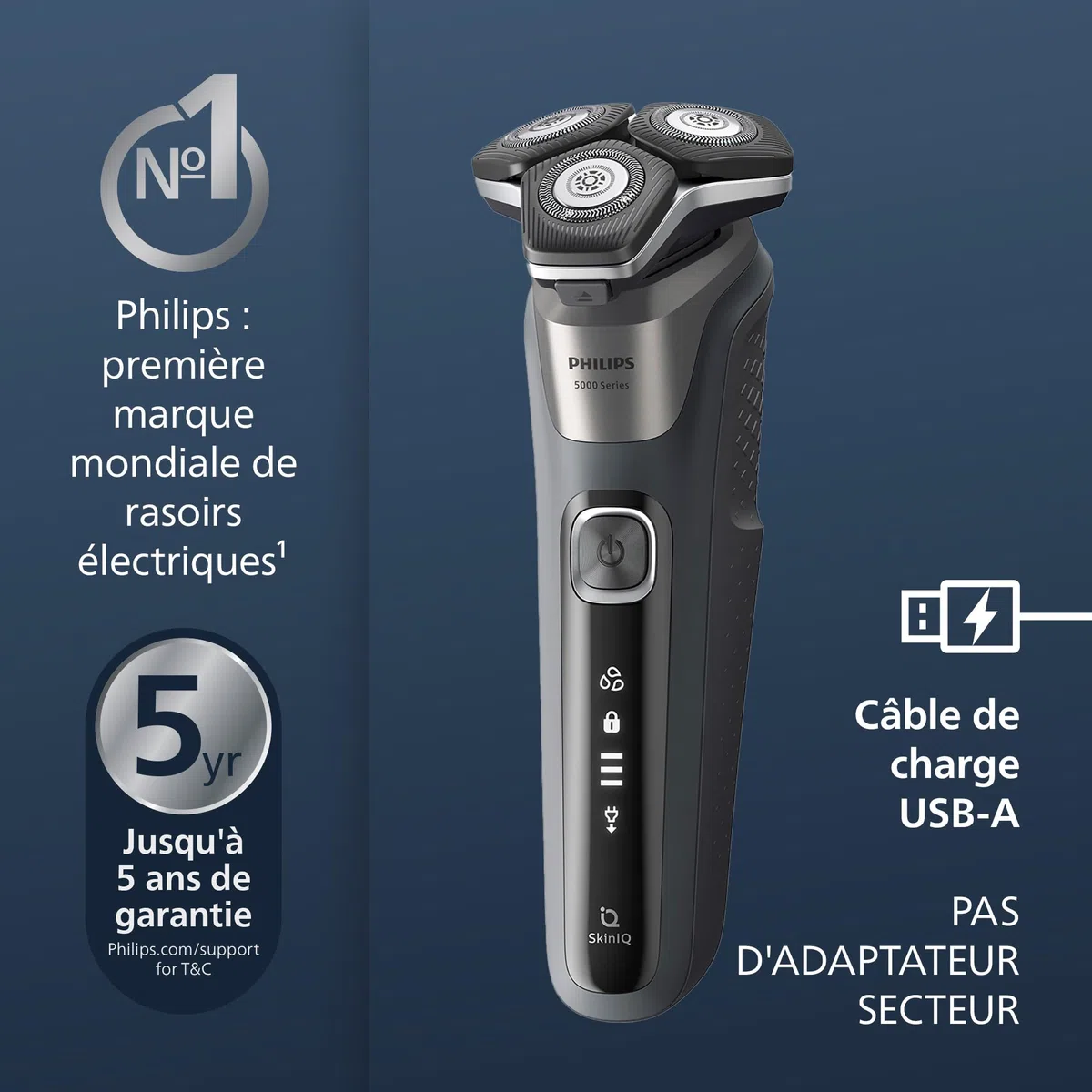 Philips Rasoir Series 5000 - rasoir électrique Wet & Dry gris carbone avec tondeuse rétractable intégrée, pochette souple, capuchon de protection et socle de charge (modèle S5887/13)