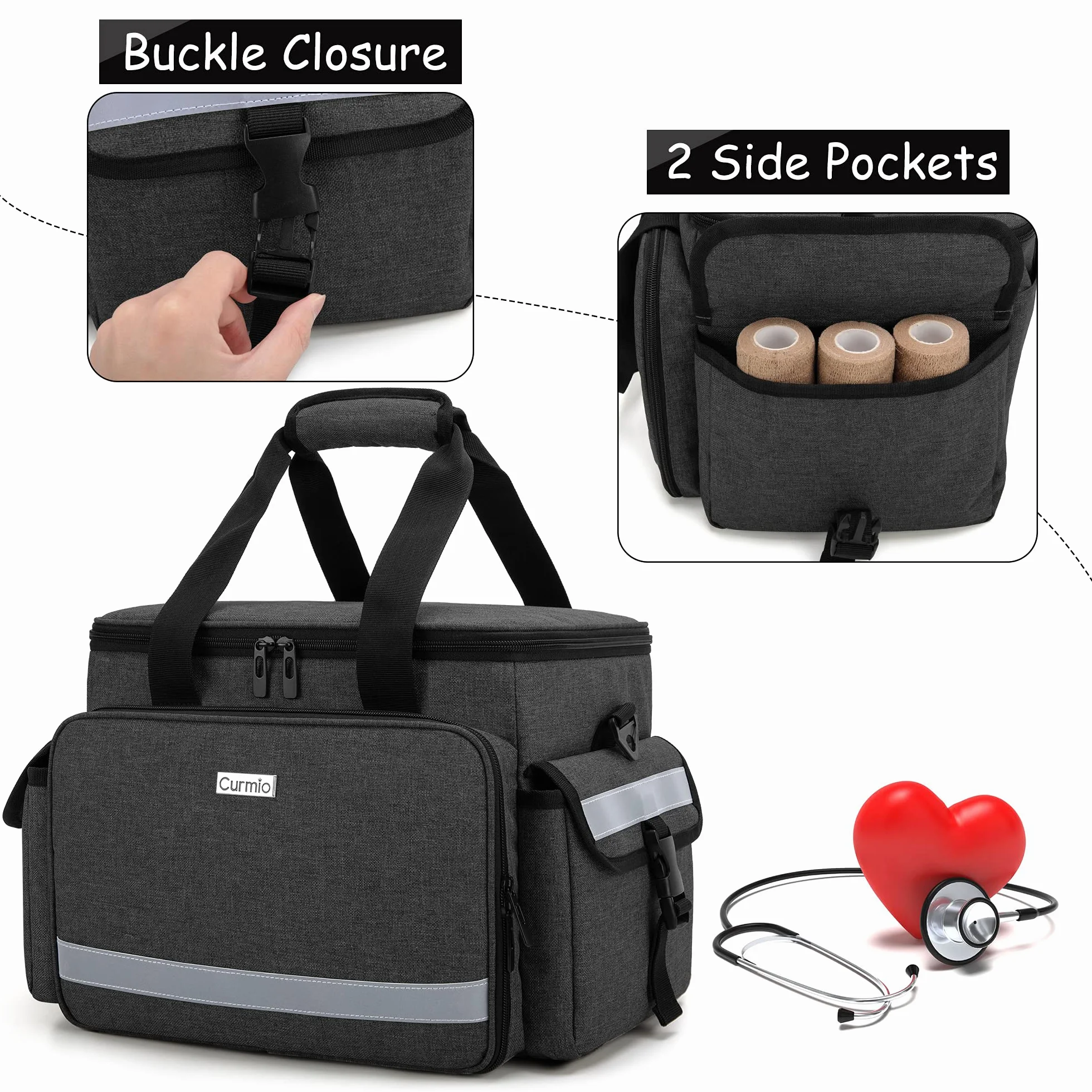 CURMIO Sac Infirmière Libéral, Sac de Rangement pour Fournitures Médicales d'urgence, Pratique pour Les Kinésithérapeutes, Les Médecins, Le Personnel de Santé à Domicile, Noir (Sac Seulement)
