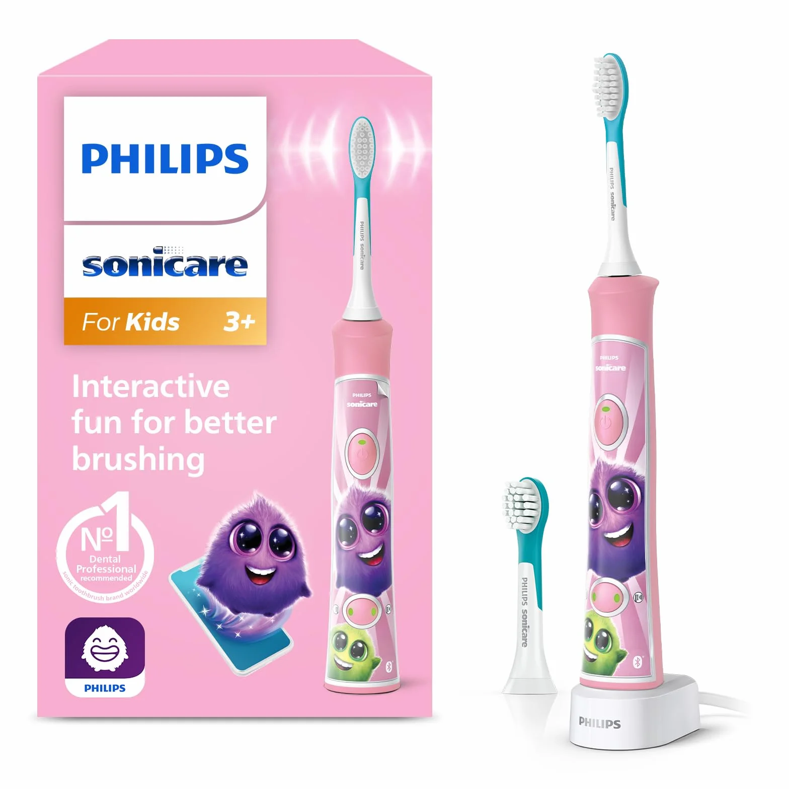 Philips Sonicare for Kids, brosse à dents électrique sonique avec application, pour enfant à partir de 3 ans, avec SmarTimer et QuadPacer pour un nettoyage en profondeur, rose, modèle HX6352/42