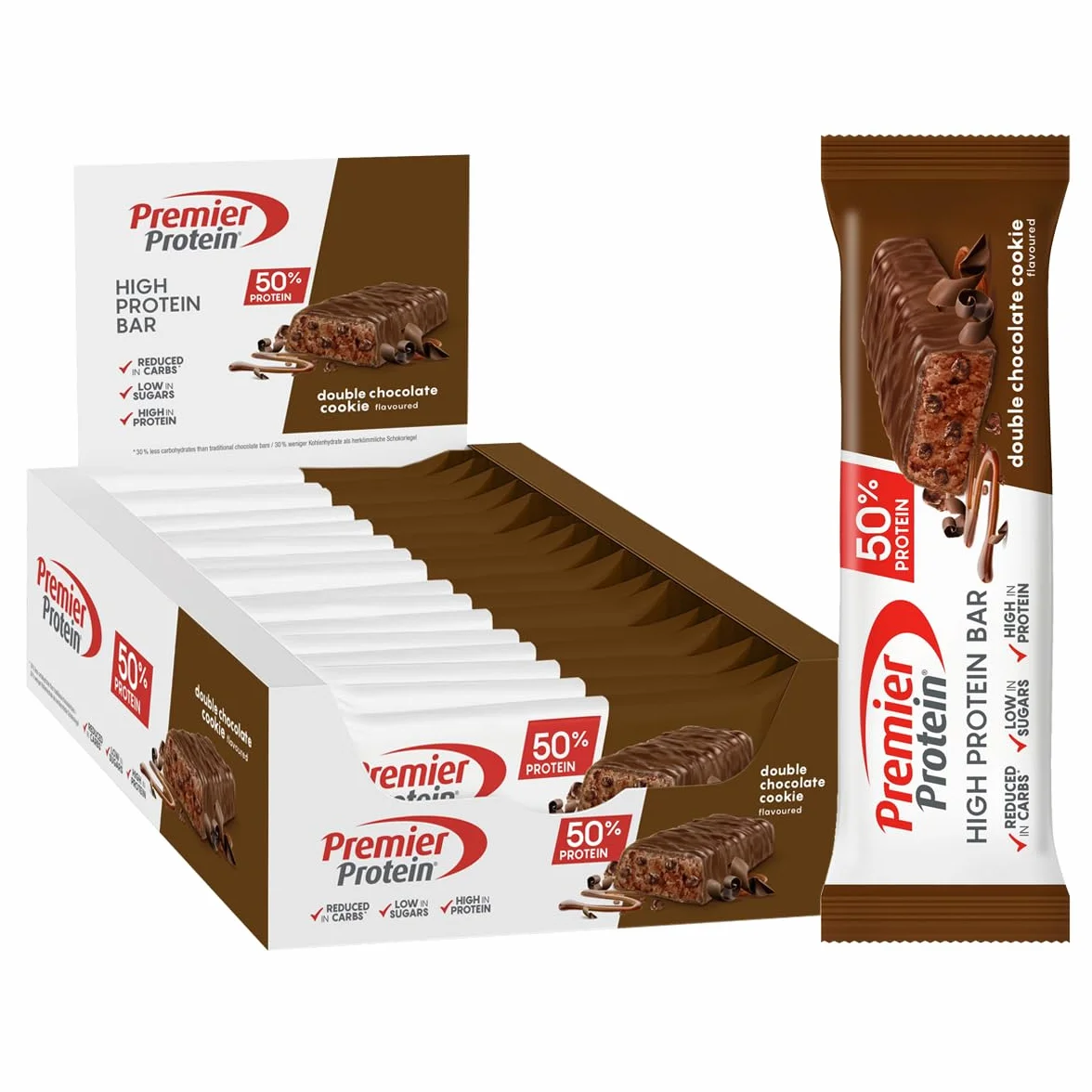 Premier Protein High Protein Bar Double Chocolate Cookie 16x40g Low Sugar Riegel Palmölfrei