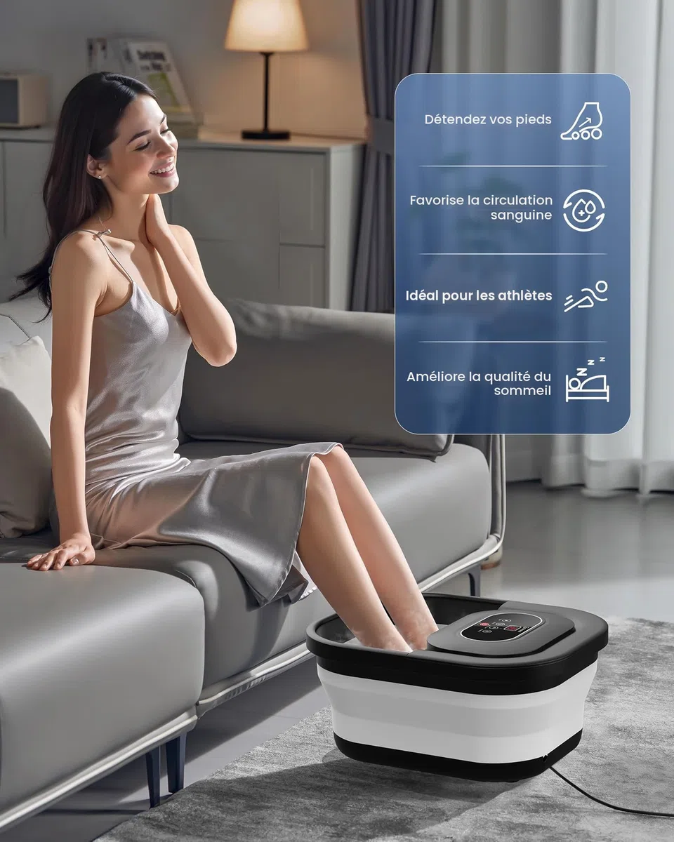 COMFIER Bain de pieds chauffant de massage|Masseur de pieds pliable|Fonction de vibration et de bulles|Pierre ponce pour pieds|35℃-48℃|Avec 8 rouleaux Shiatsu (Noir)