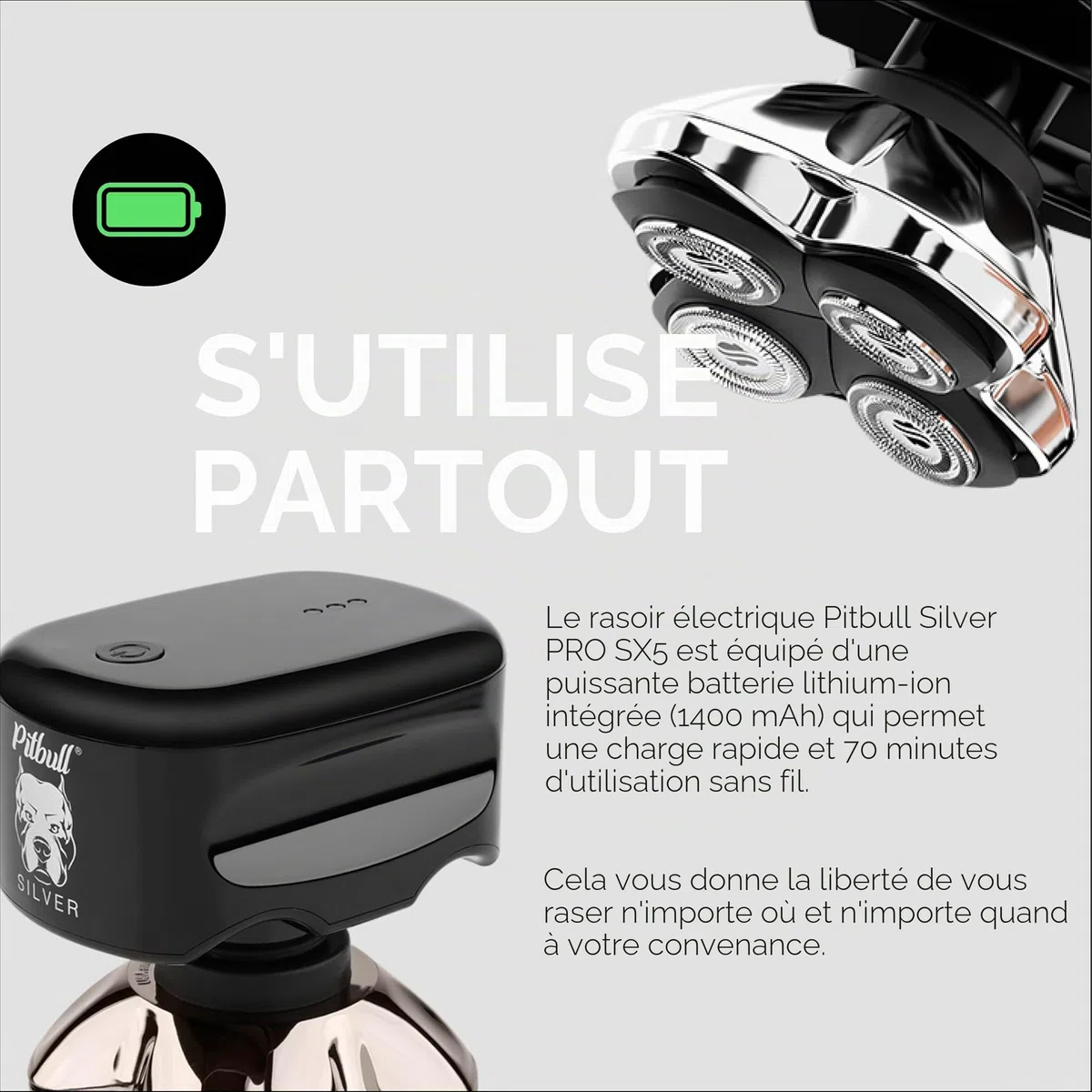 Skull Shaver Pitbull Silver Pro SX5 Rasoir Tête Visage Électrique Homme Humide Sec Sans Fil Résistant Eau