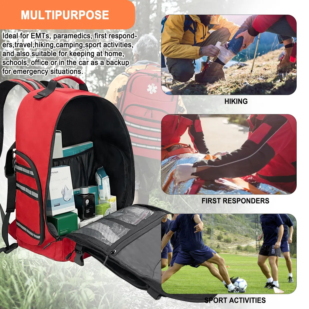 Sac à dos d'urgence médicale professionnel, Sac à dos de premiers secours trauma, vide, avec bandes réfléchissantes et base antidérapante, pour le camping, la randonnée (Rouge, Grand)