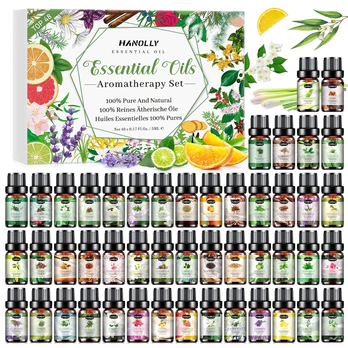 Huile Essentielle TOP 48 x 5ML, Huiles Essentielles Naturelle Pour Diffuseur, Massage, DIY Bougie - Lavande, Menthe, Eucalyptus, Orange Douce, Coco, Tea Tree, Citron, Cannelle, Rose, etc.