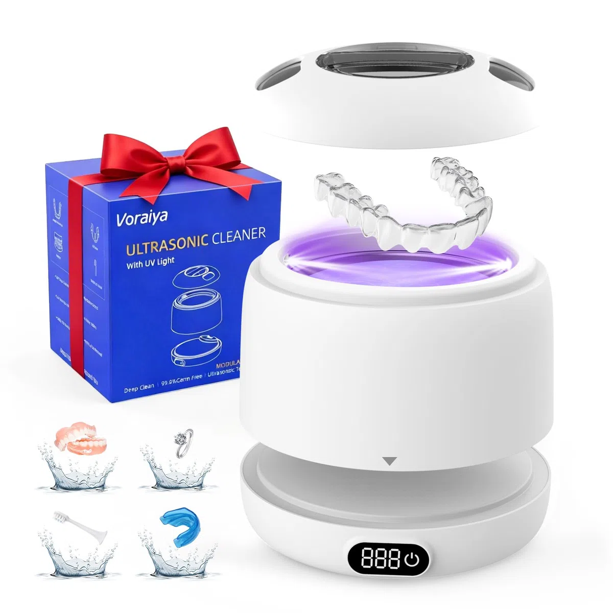 Voraiya Nettoyeur Ultrasons Dentaire IPX7 Etanche Ultrasonic Cleaner Base & Dental Pod Amovible Nettoyant Ultrason avec 2 UV Lampes pour Prothèses Dentaires, Gouttière Dentaire, Retainer, Bijoux