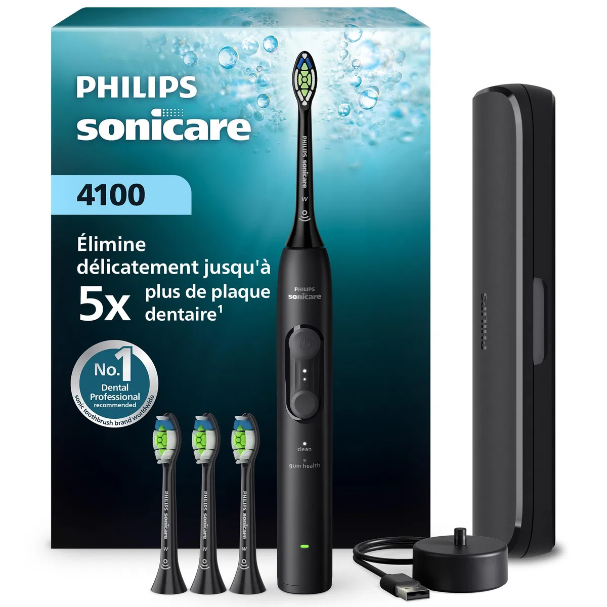 Philips Sonicare série 4100 brosse à dents électrique sonique HX4046/52 noir capteur de pression 4 réglages EasyStart SmarTimer 21 jours autonomie étui voyage