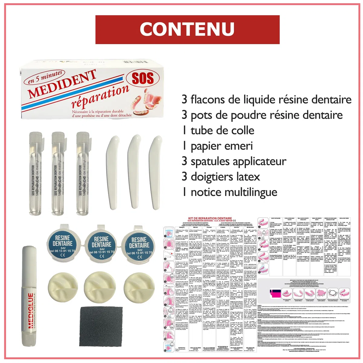 MEDIDENT SOS Réparation Dentier - Réparez votre dentier cassé - Nécessaire 3 utilisations