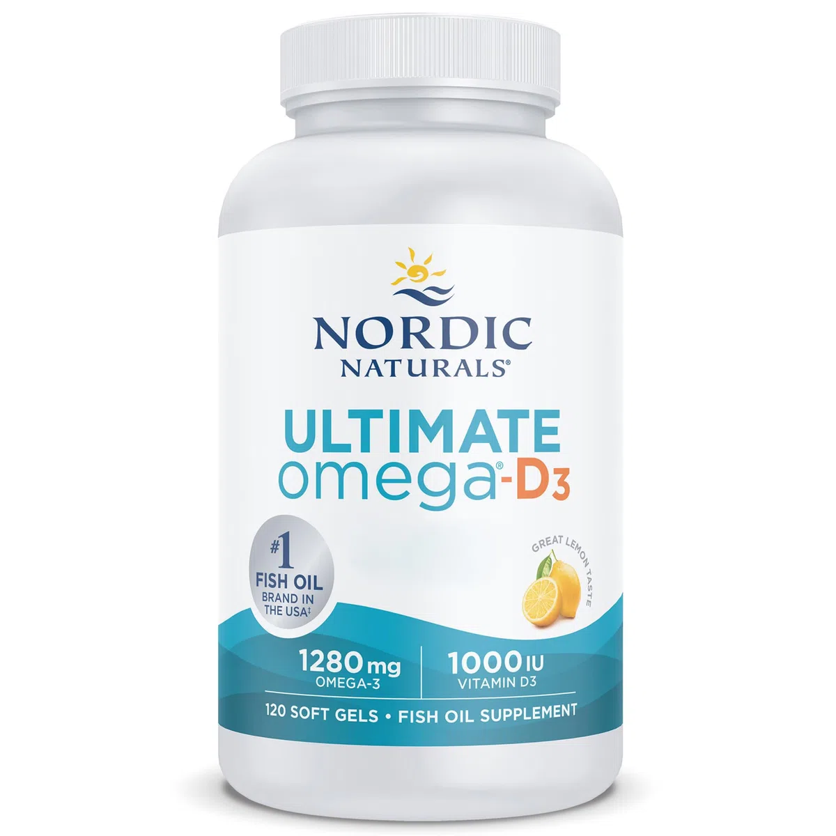 Nordic Naturals Ultimate Omega-D3, complément d’huile de poisson oméga-3 1.280 mg avec EPA, DHA et vitamine D3, forte dose, saveur citron, 120 capsules molles, sans soja, sans gluten