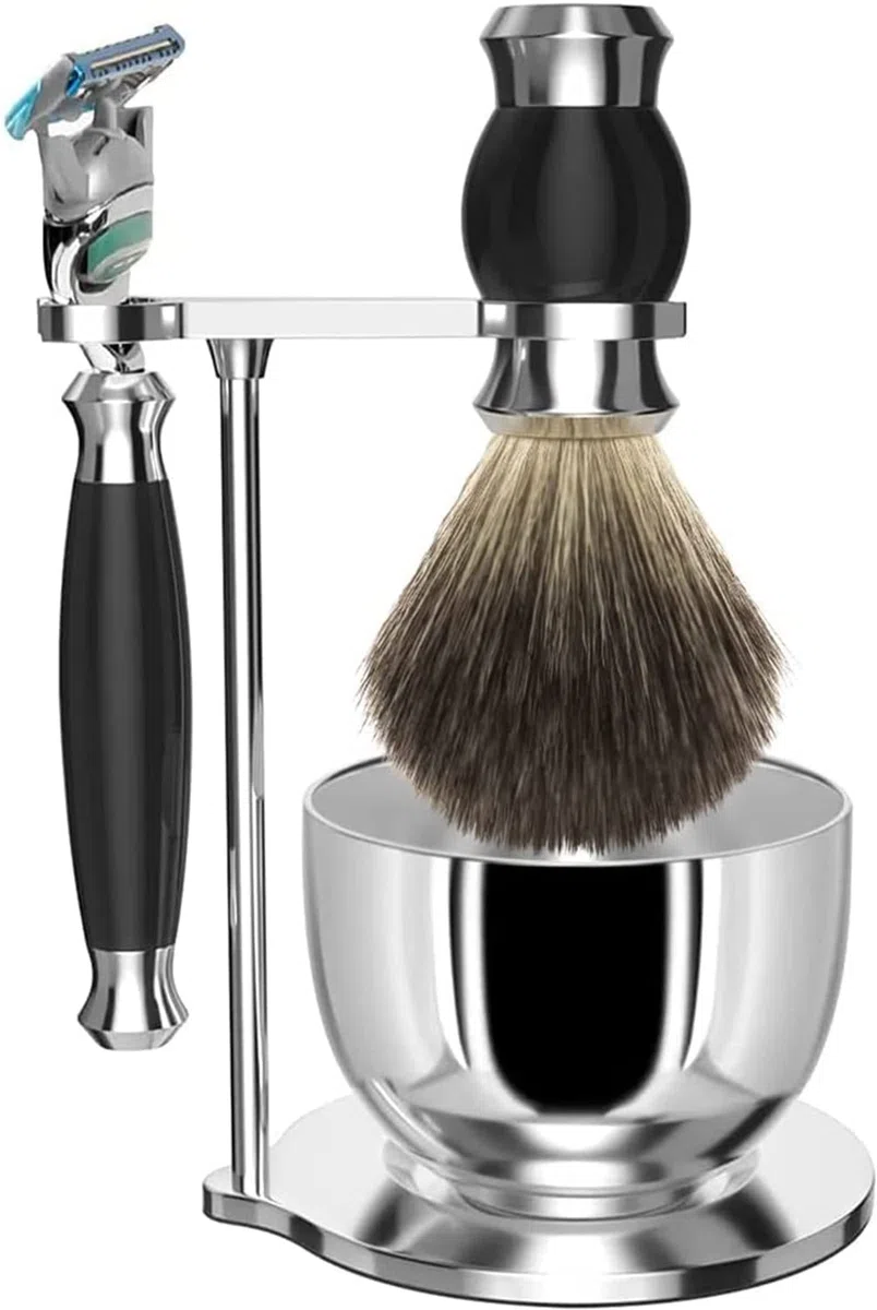 Ensemble de rasage GRUTTI, couteau de luxe pour rasoir et support de pinceau avec bol de savon Cadeaux pour les hommes Rasage brosse de blaireau et manche de rasoir compatible avec Fusion 5