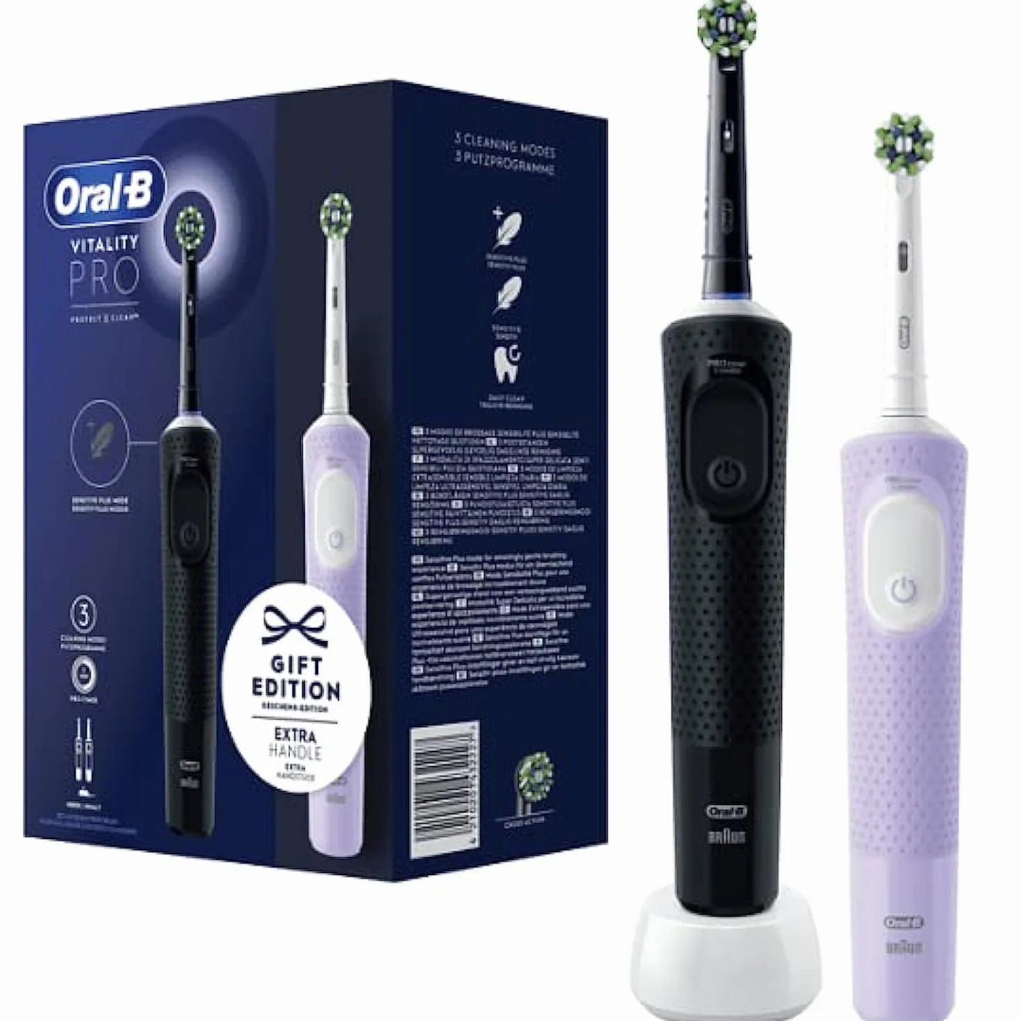 Oral-B Vitality Pro Lot de 2 brosses à dents électriques avec 2 brosses de rechange, 3 modes, noir/violet