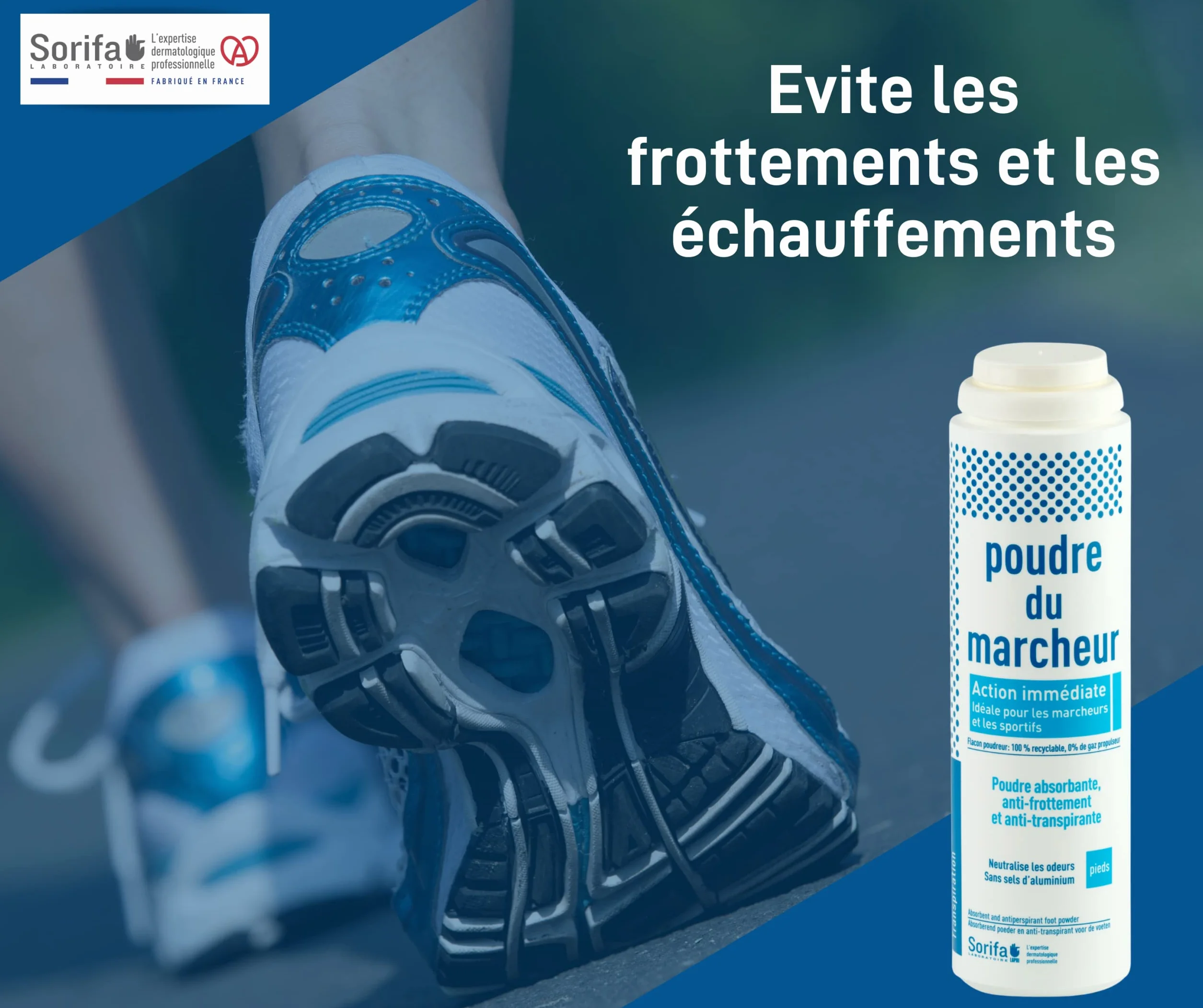 Lot de 3 - Poudre du Marcheur - Anti-transpirante - Absorbante - Pieds – Réduit la transpiration - Elimine odeurs et mycoses - Sans sels d’aluminium - Fabriqué en France - Poudreuse 100 gr