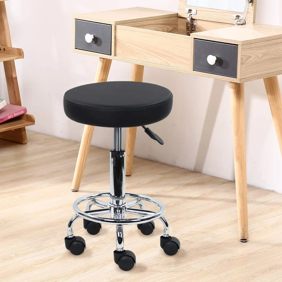 KKTONER Tabouret à roulettes de Bureau Tabouret de Bar réglable en Hauteur 49-64cm en Cuir synthétique Noir