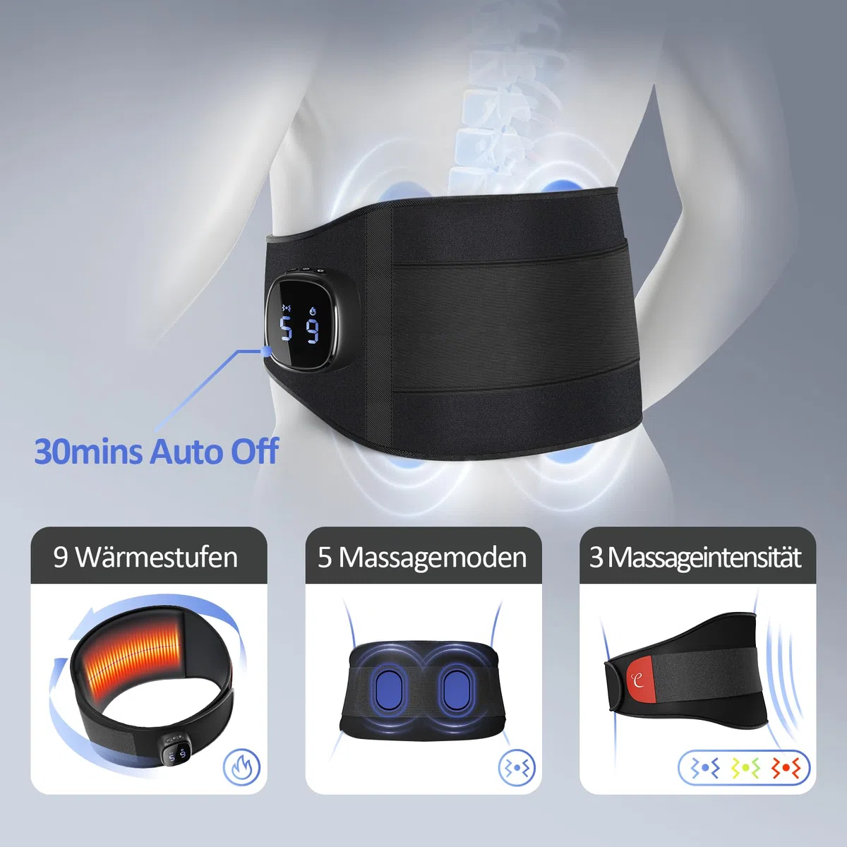 Comfytemp Ceinture chauffante pour le dos avec batterie 15 Wh avec USB, 9 niveaux de chaleur, 5 modes de vibration contrôle par simple pression d'un bouton et d'une application, ceinture