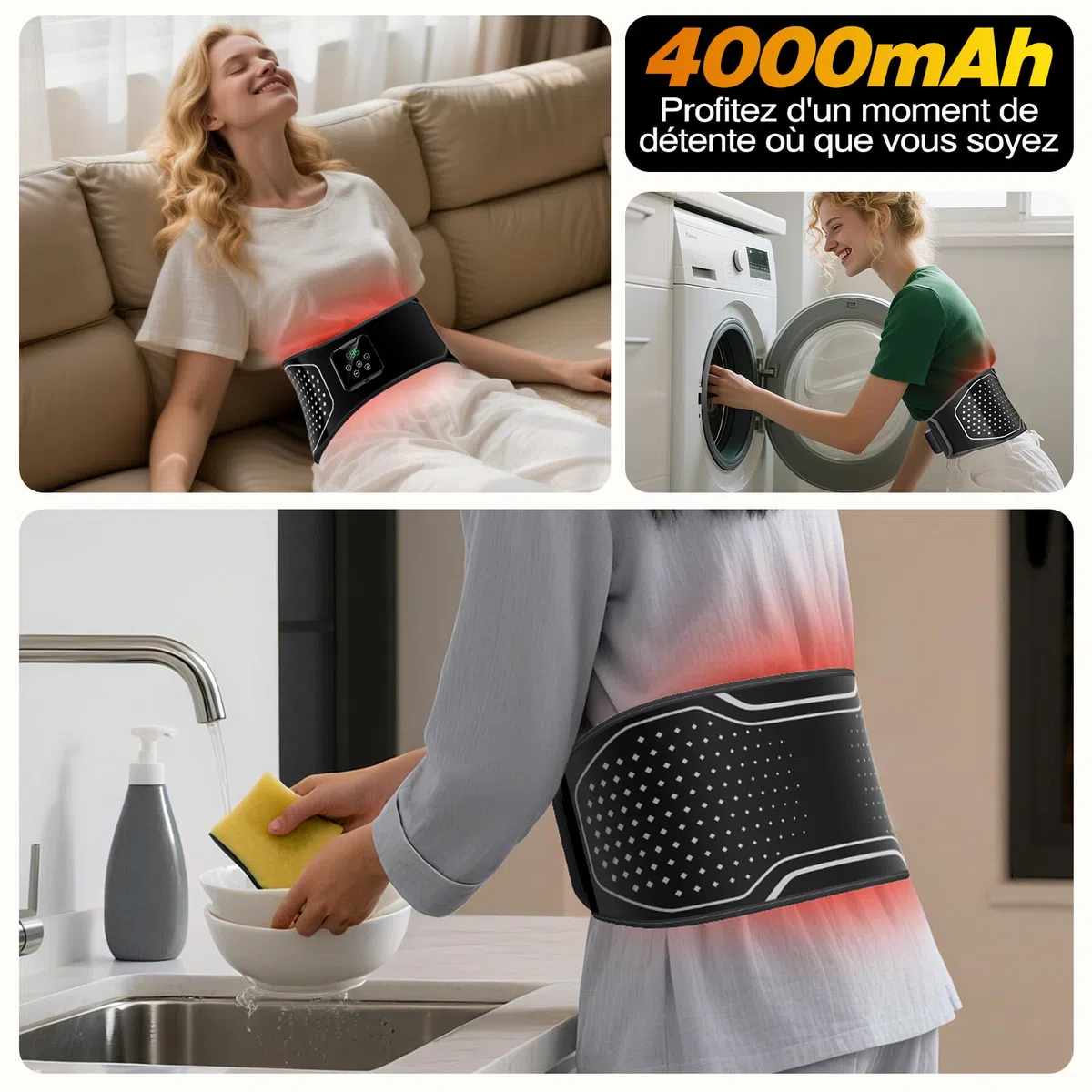 Ceinture Chauffante et Massante Lombaire Sans Fil – Coussin Chauffant 3 Modes Airbag 4 Niveaux Température Soulager Douleurs Lombaires Sciatique Stress