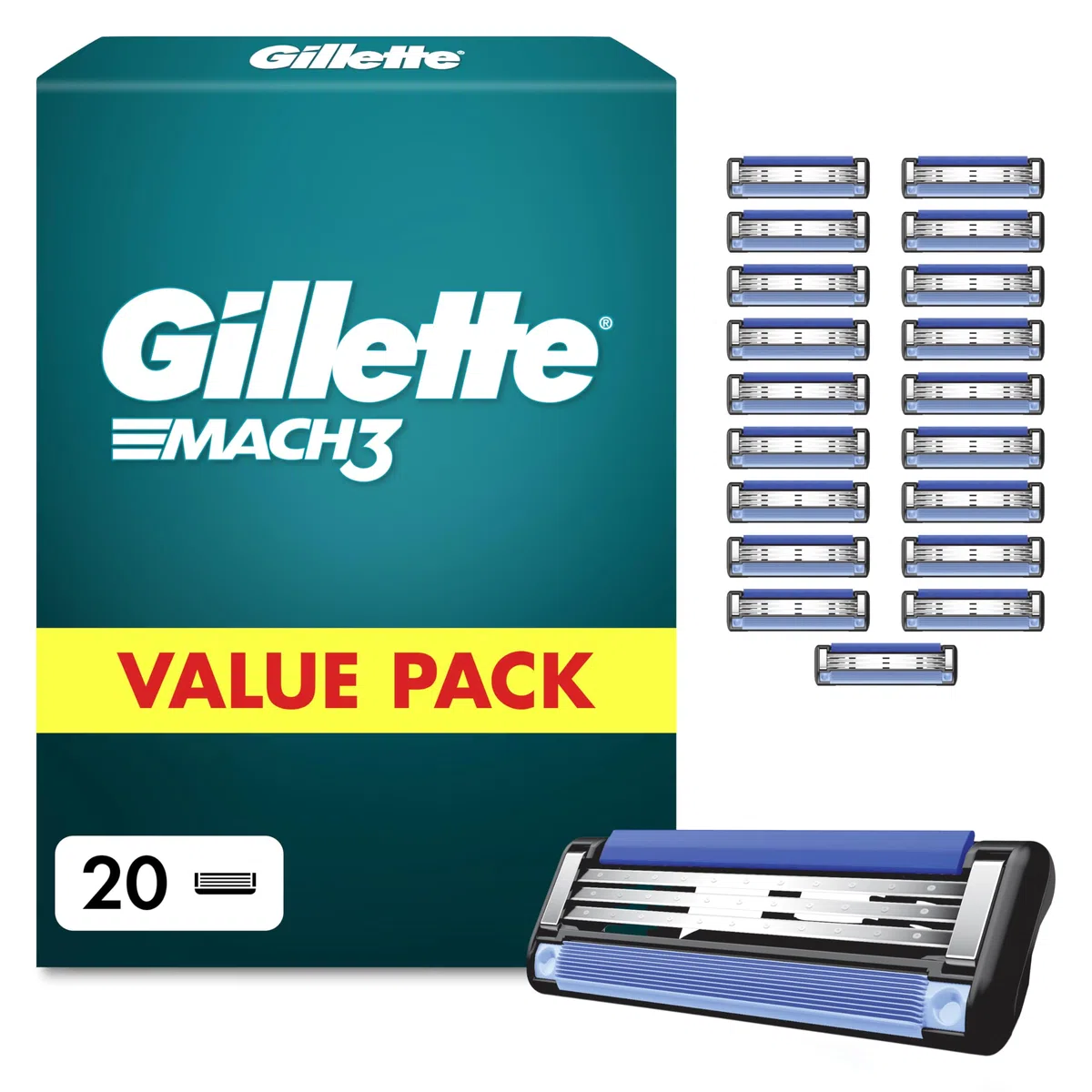 Gillette Lames de Rasoir Homme Mach 3 Turbo, Pack de 20 – Cartouche avec un Revêtement pour Réduire la Pression sur la Peau, en Acier Inoxydable, Bande Lubrifiante, 1 Recharge Jusqu’à 15 Rasages