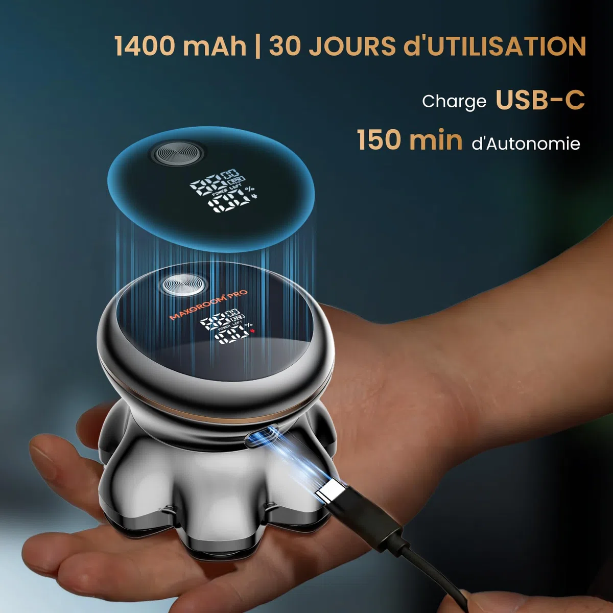 MAXGROOM 2026 Pro Rasoir Électrique Crâne Homme, Tête Magnétique 7D, Moteur 8800 tr/min, Autonomie 140 min, USB-C, IPX7, Sec/Humide
