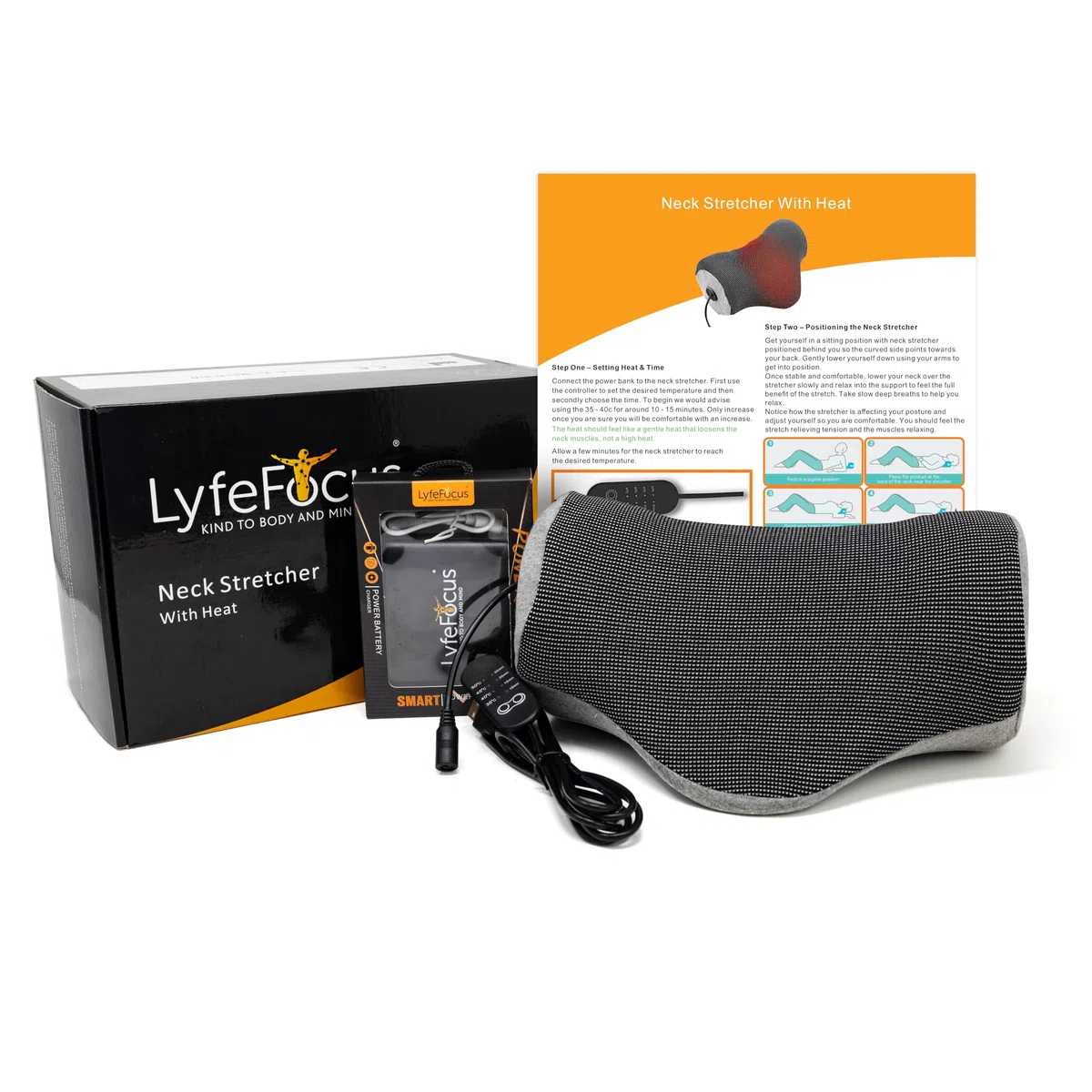 LyfeFocus Etireur de cou avec chaleur pour douleurs dorsales et cervicales – Correcteur de posture avec nœuds fermes conçus pour soulager les tensions musculaires Housse avec chaleur USB, contrôle et