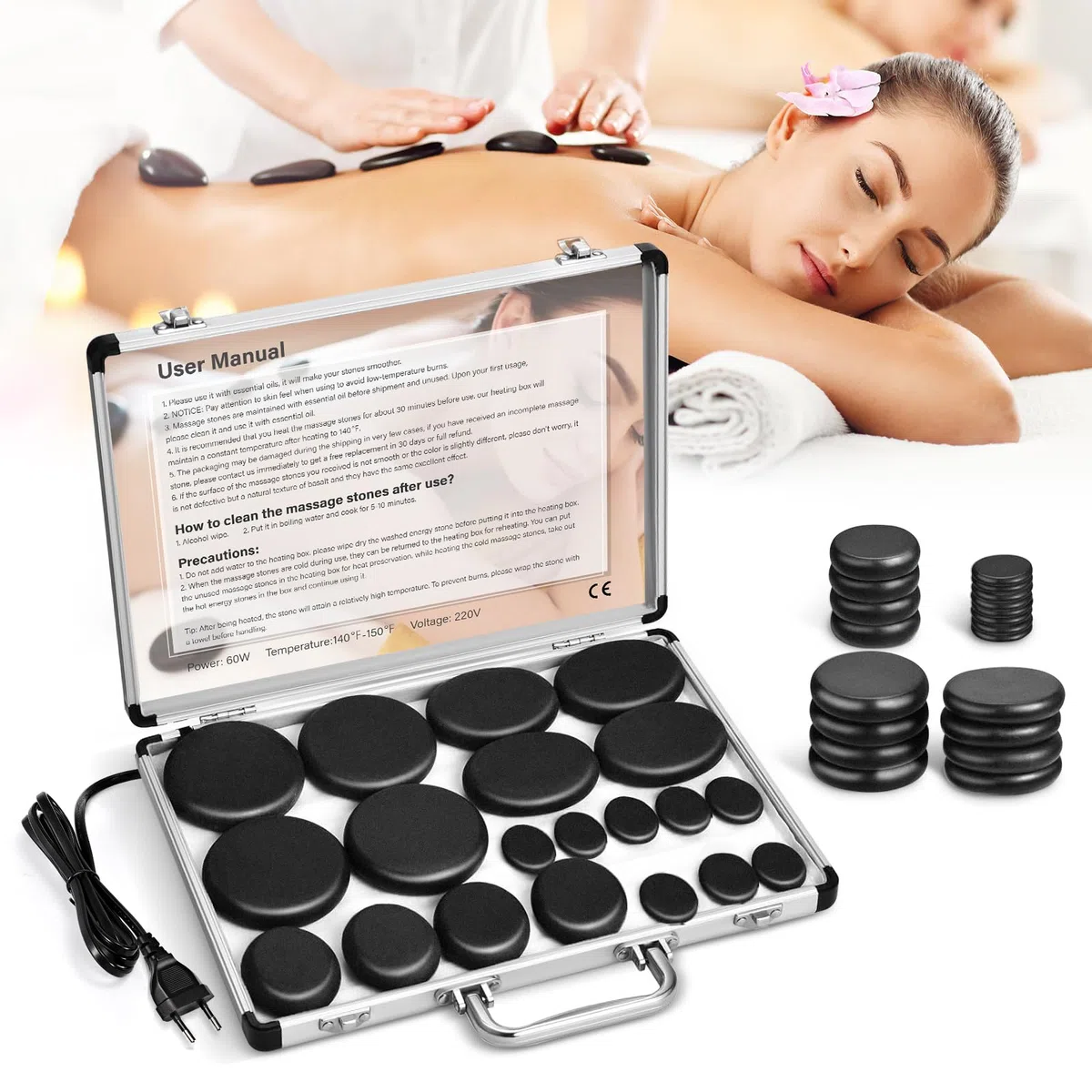 Ensemble de massage aux pierres chaudes, ensemble de massage en basalte avec boîte de chauffage portable, poêle à pierres chaudes à domicile, massothérapie, spa (20)